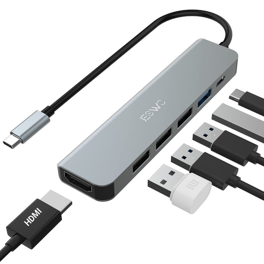 JESWO USB C HUB, 6 en 1 Adaptador Multipuerto USB C a HDMI 4K, USB 3.0, 3*USB 2.0, USB C 100W PD Carga, OTG Tipo C Compatible con MacBook, MacBook Pro, Macbook Air, DELL, Surface etc.