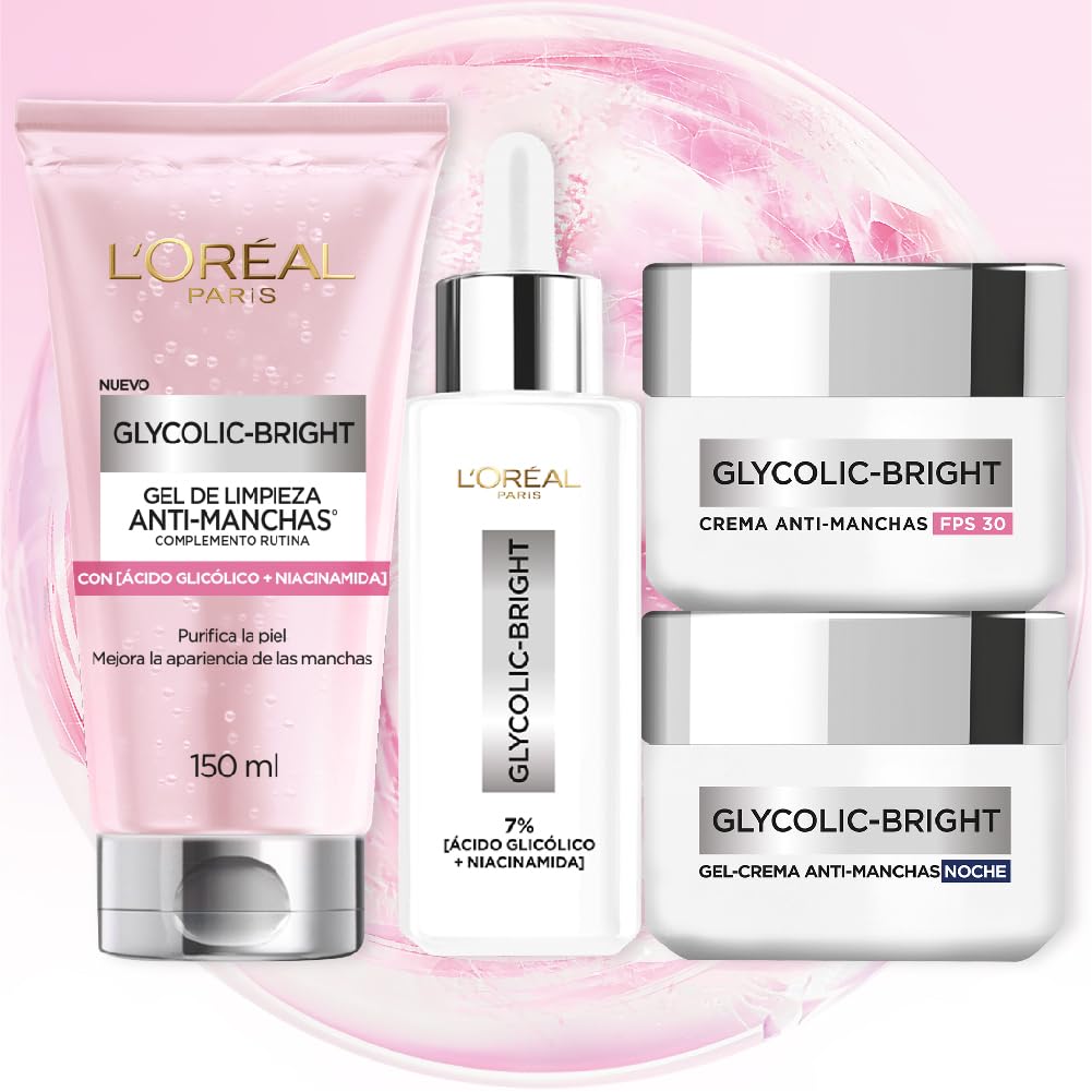 L'Oréal Paris Kit Rutina Completa Glycolic Bright; Gel limpiador, Crema día, Crema Noche y Serum, Anti-Manchas con Ácido Glicólico y Niacinamida