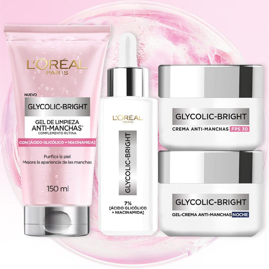 L'Oréal Paris Kit Rutina Completa Glycolic Bright; Gel limpiador, Crema día, Crema Noche y Serum, Anti-Manchas con Ácido Glicólico y Niacinamida