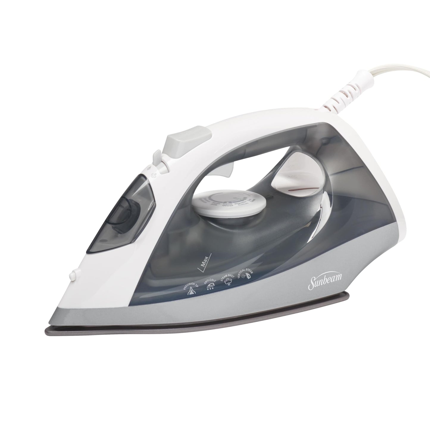 Sunbeam - Plancha de vapor clásica, 1200 vatios, suela antiadherente, potente disparo de vapor, horizontal o vertical, apagado automático, antigoteo, niebla pulverizadora, blanco/gris