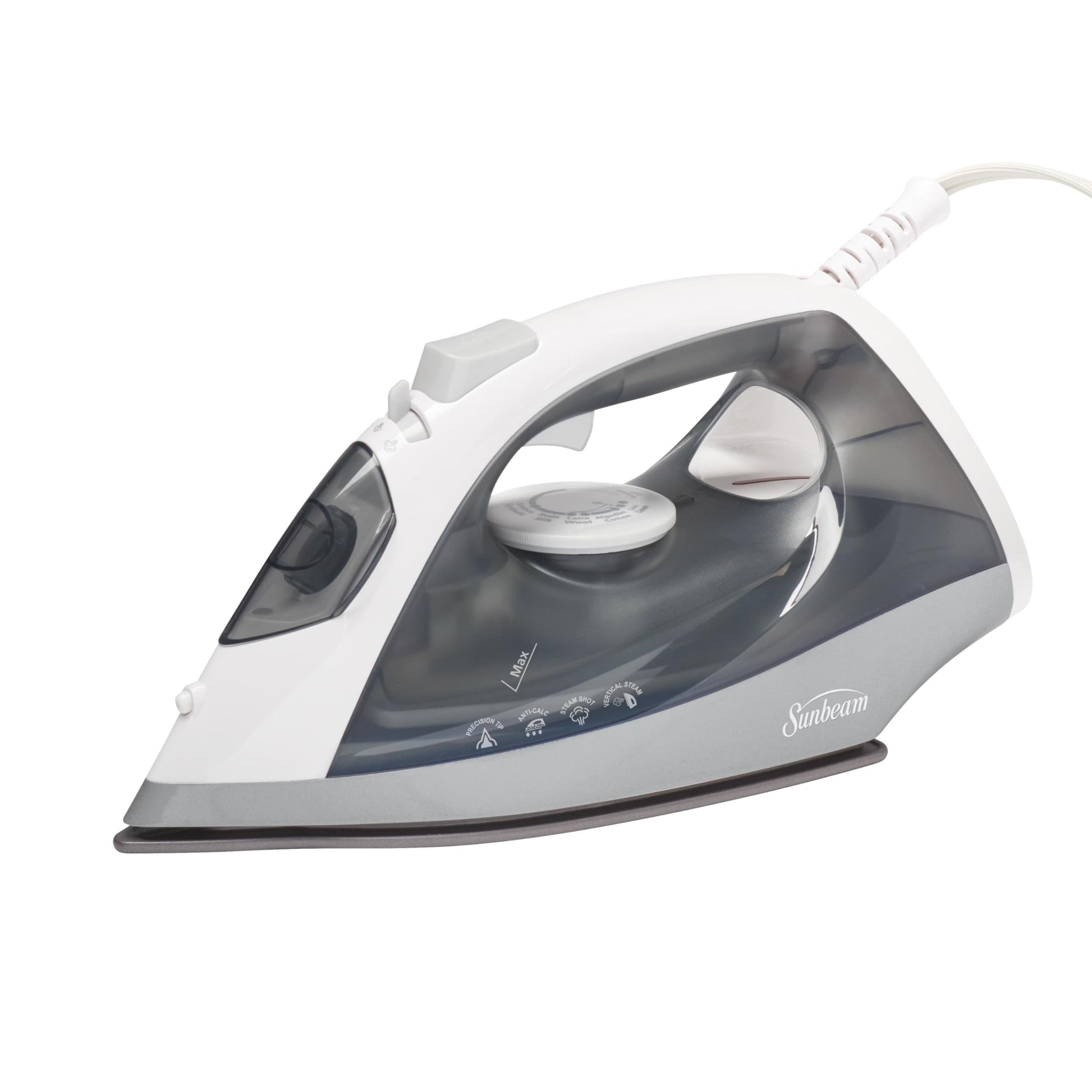 Sunbeam - Plancha de vapor clásica, 1200 vatios, suela antiadherente, potente disparo de vapor, horizontal o vertical, apagado automático, antigoteo, niebla pulverizadora, blanco/gris