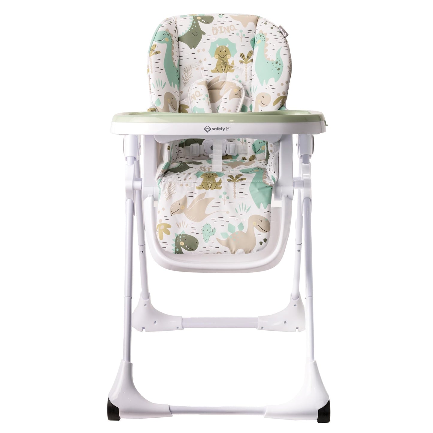 Safety 1st Silla Alta Periquera Tavola, Dinosaurios, 7 posiciones de altura, 3 de reclinación, reposapiés ajustable, doble charola, plegado compacto.