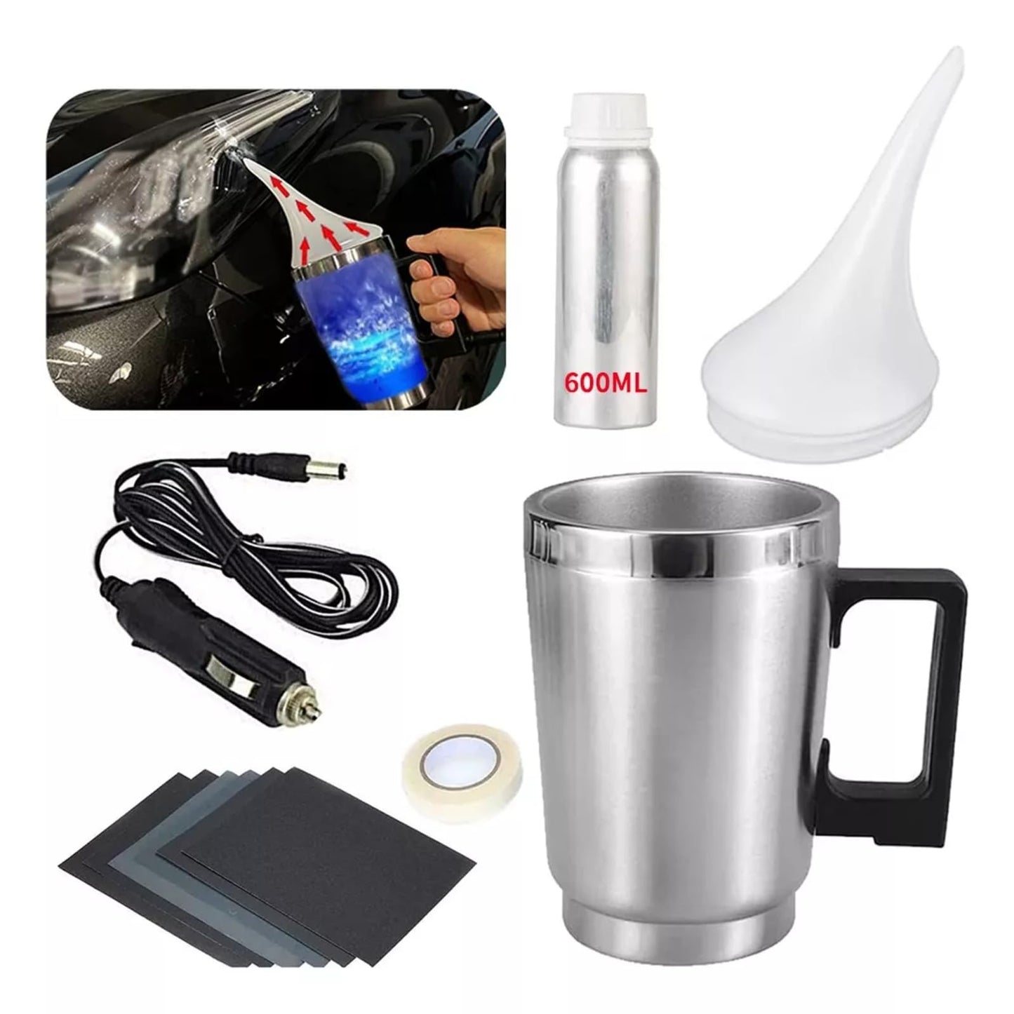 FINYQBET Kit Restaurador de Faros Profesional - 600ml Líquido de Recubrimiento UV, Elimina Amarillamiento/Rayones/Neblina - Herramientas de Pulido para Coches, Motos, Vehículos Eléctricos