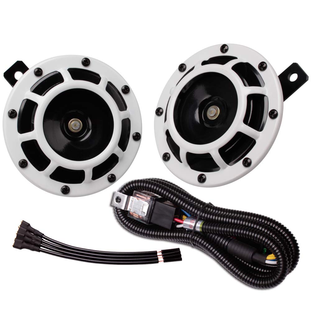 FARBIN - Bocinas de coche de 12 V, tono alto, tono bajo, metal, doble con arnés de relé, universal para camión, coche, motocicleta (blanco con arnés de cableado)