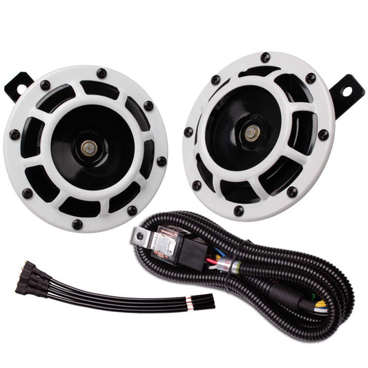 FARBIN - Bocinas de coche de 12 V, tono alto, tono bajo, metal, doble con arnés de relé, universal para camión, coche, motocicleta (blanco con arnés de cableado)
