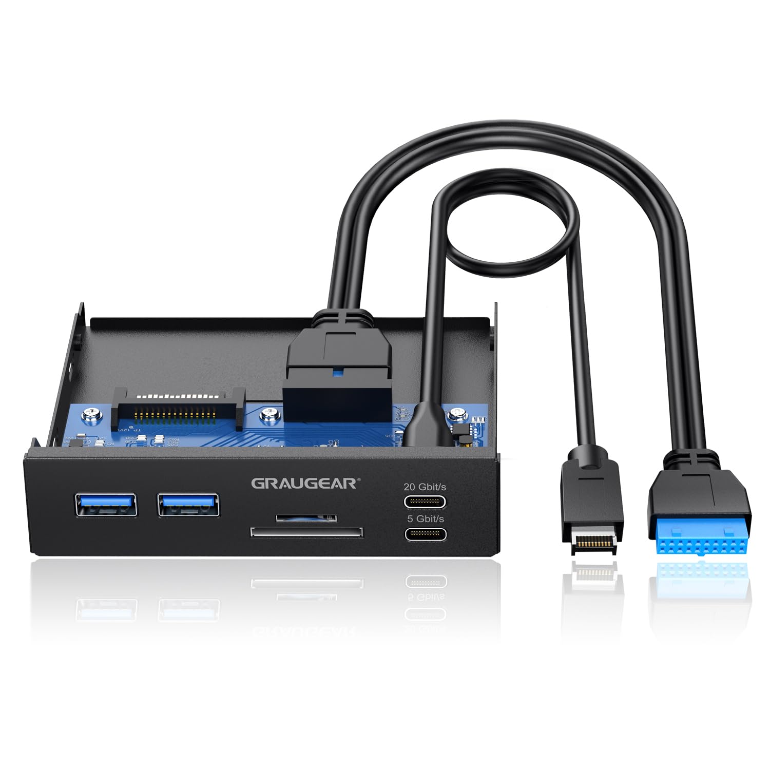 GRAUGEAR Hub USB de panel frontal de 3.5 pulgadas con lector de tarjetas interno, USB 3.2 Gen2 USB-C, puertos USB 3.0, ranuras para tarjetas SD MicroSD/TF, cabezal de llave A de 20 pines y conexión de alimentación SATA, bahía de 3.5 pulgadas [G-MP01CR]