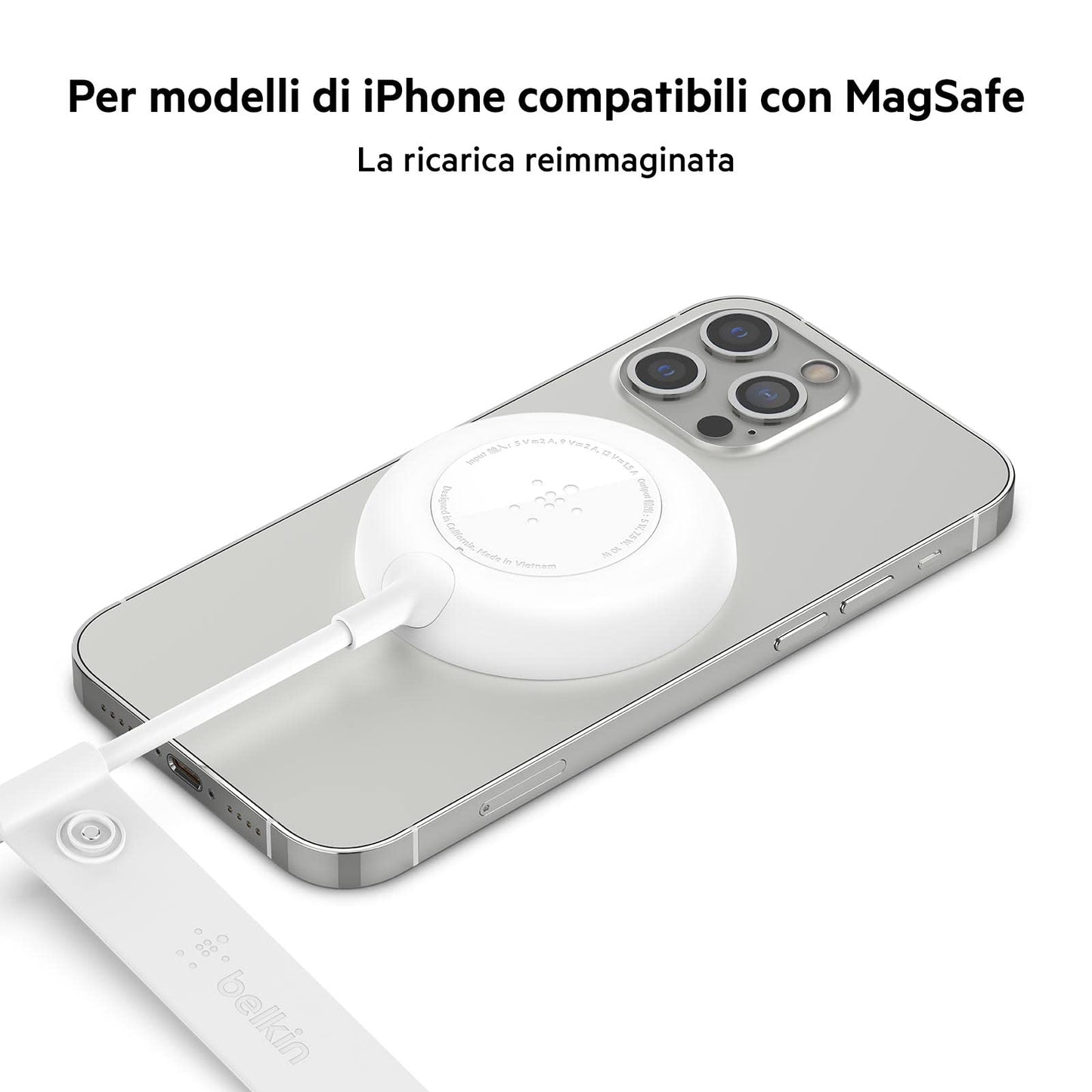 Belkin Cargador inalámbrico magnético (Fuente de alimentación no incluida) Compatible con MagSafe con Cable Extra Largo de 2 m para iPhone 12, 12 Pro, 12 Pro MAX y 12 Mini