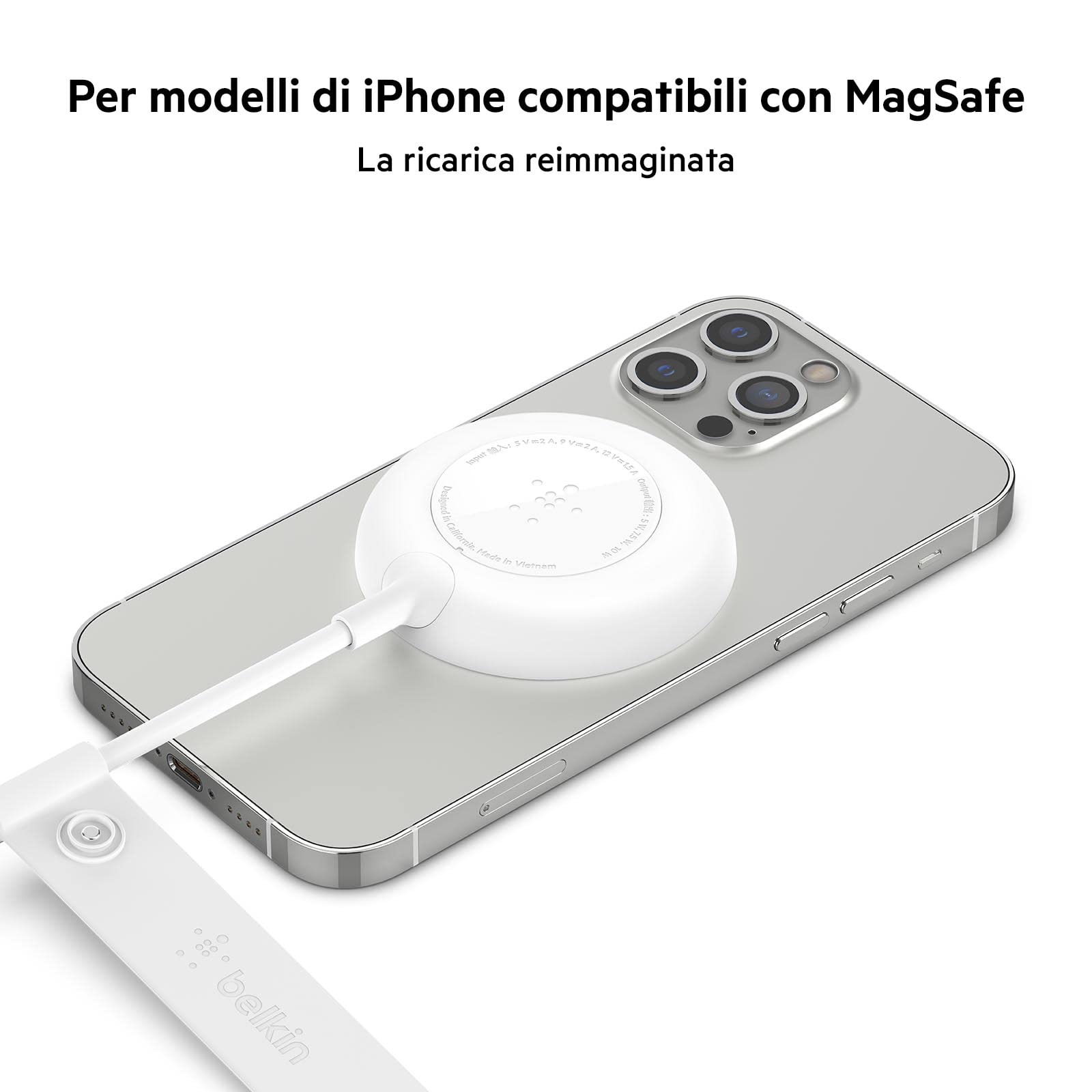 Belkin Cargador inalámbrico magnético (Fuente de alimentación no incluida) Compatible con MagSafe con Cable Extra Largo de 2 m para iPhone 12, 12 Pro, 12 Pro MAX y 12 Mini