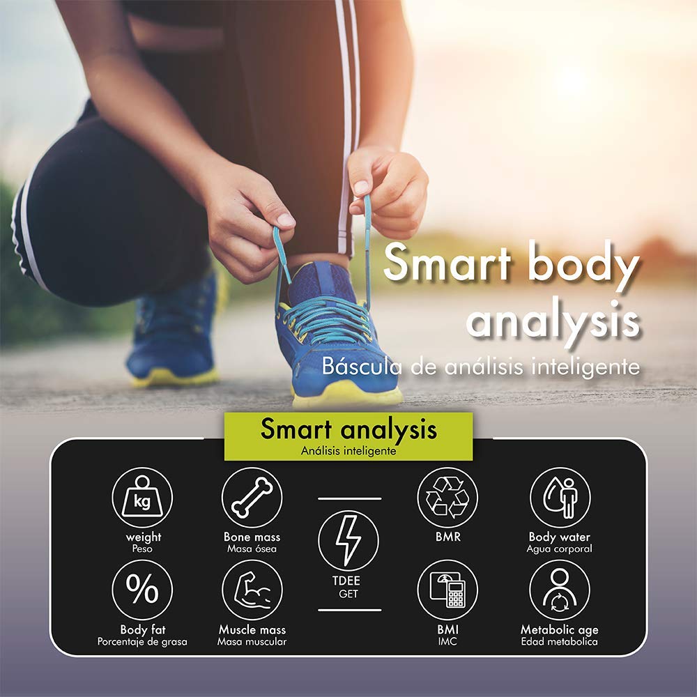 SMARTÜS NEXÜS Báscula Digital, Báscula Inteligente Bluetooth con Análisis Corporal, Porcentajes de Grasa, Masa Muscular, Agua y Densidad Ósea