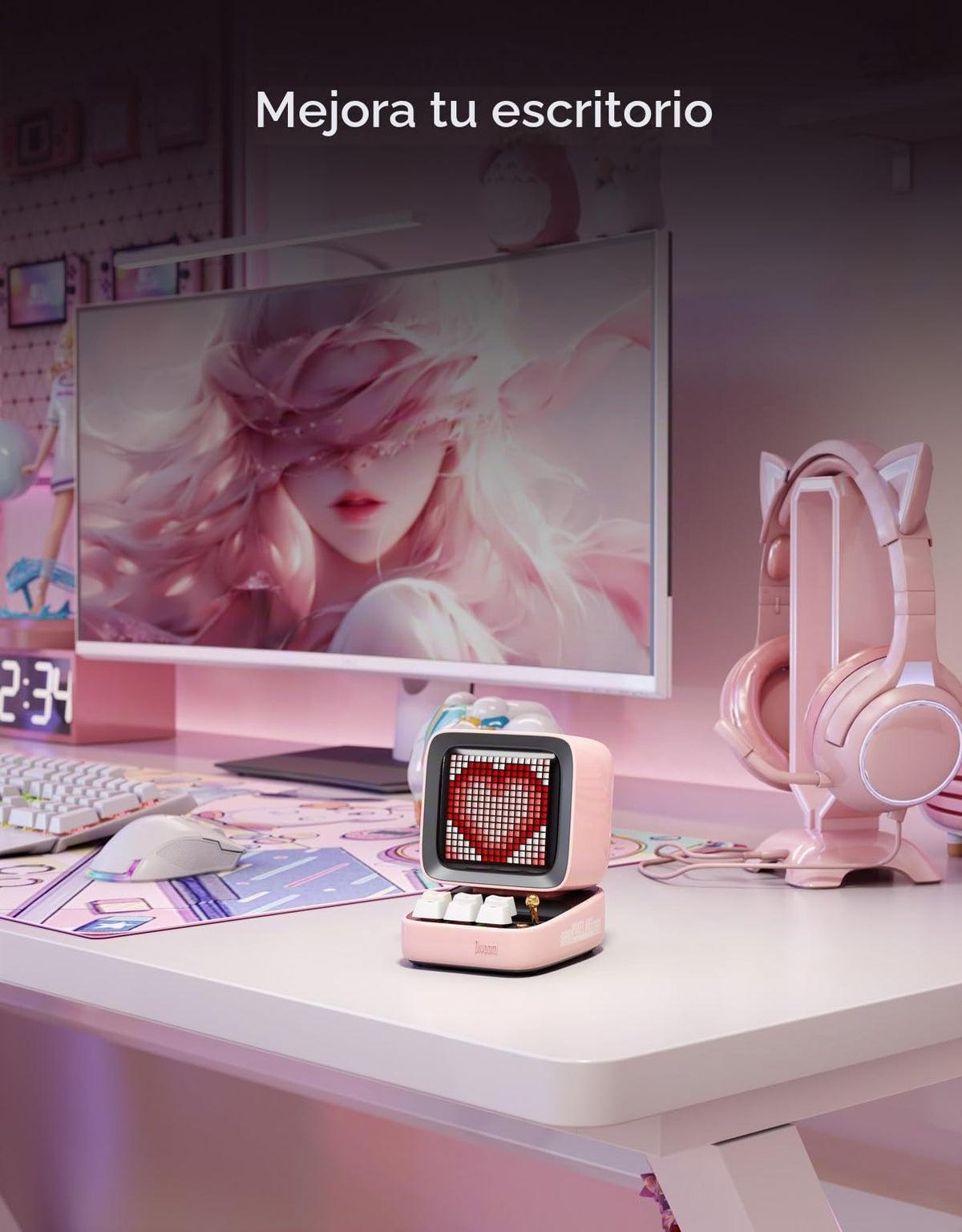 Altavoz Bluetooth Pixel Art Divoom Ditoo Rosa con Pantalla LED RGB y Teclado Mecánico