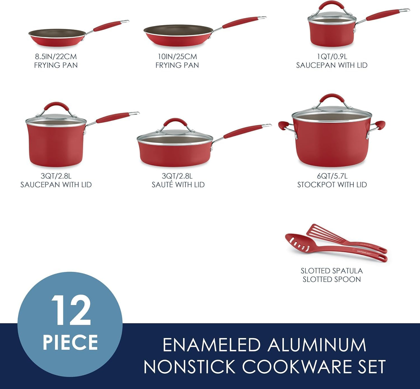 Batería de Cocina Rachael Ray Rojo Pálido Porcelana Dura Antiadhesiva 12 Piezas