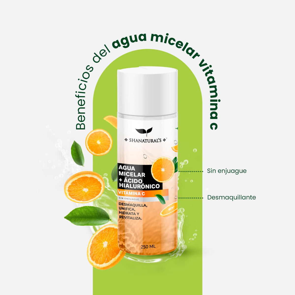 Agua Micelar con Ácido Hialurónico y Vitamina C, 250 mL