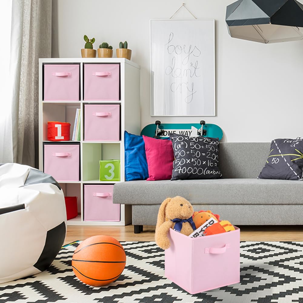 Cubos de tela para almacenamiento, paquete de 6, divertidos cubos de almacenamiento duraderos de colores con asas, cestas plegables para el hogar, color rosa