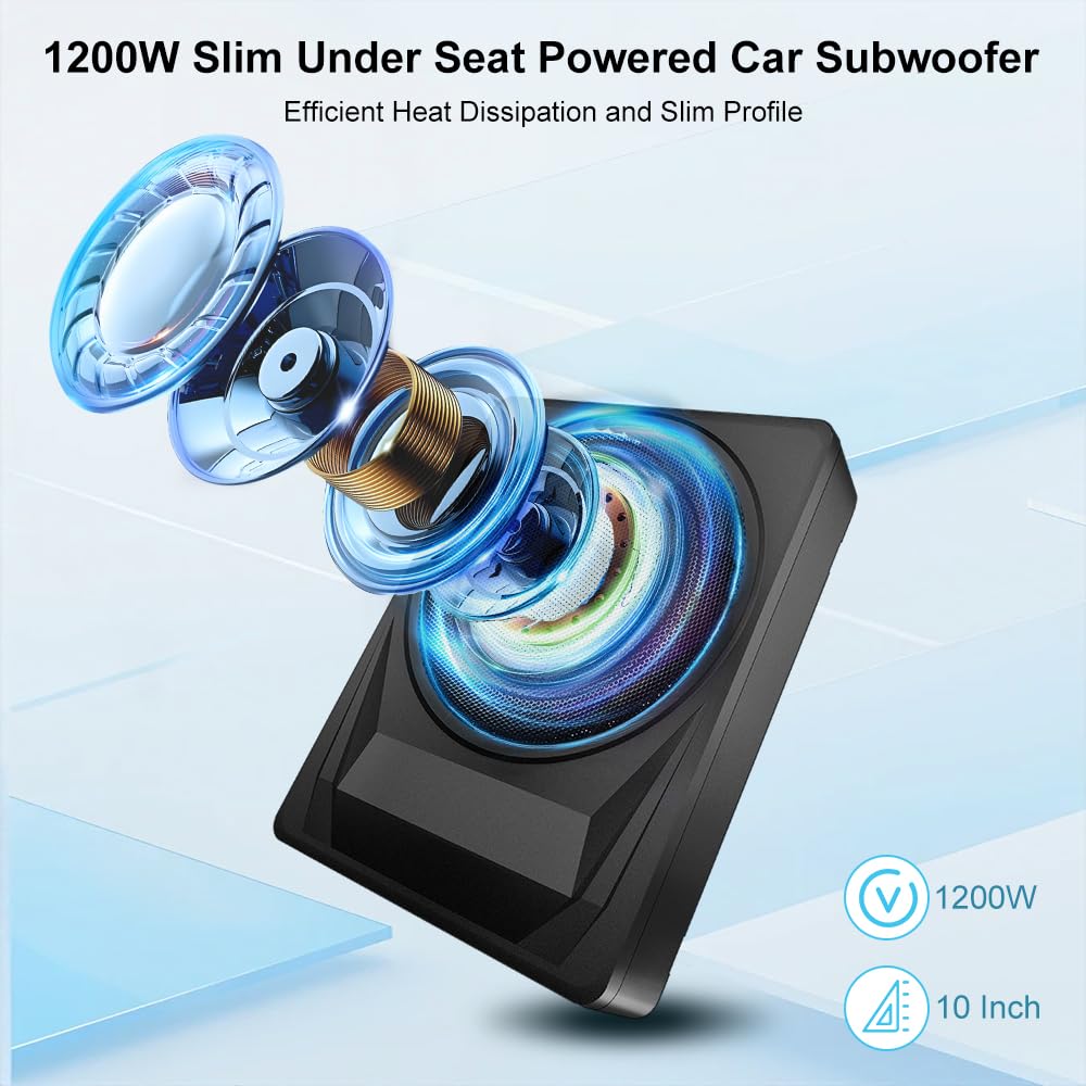 litillbuly Subwoofer de coche de 10 pulgadas, 1200 W, subwoofer delgado para debajo del asiento, entrada de nivel alto/bajo, subwoofer de audio para coche/camión, subwoofer integrado