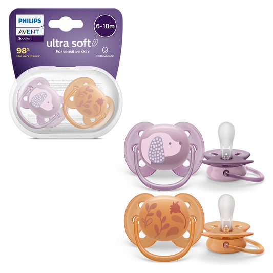 Chupón Ortodóntico Ultra Soft Philips Avent Naranja Morado con Caja Esterilizadora 6-18 Meses
