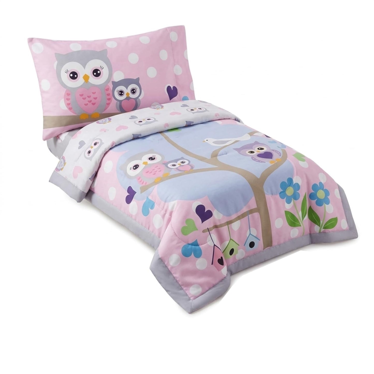 EVERYDAY KIDS Juego de ropa de cama de 4 piezas para niños pequeños - Búhos - Suave 100% Algodón Percal - Incluye edredón, sábana encimera, sábana bajera ajustable y funda de almohada reversible