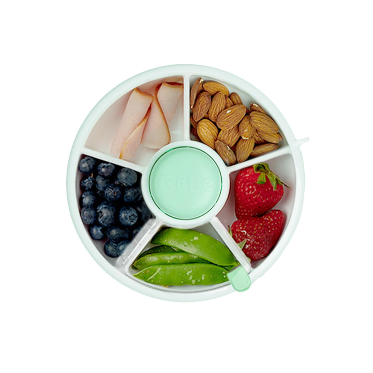GoBe Paquete de Spinner Pequeño para Snacks de Niños con Correa de Mano y Hoja de Adhesivos - Contenedor de Aperitivos Reutilizable con Dispensador de 5 Compartimentos y Tapa | Libre de BPA/PVC | Apto