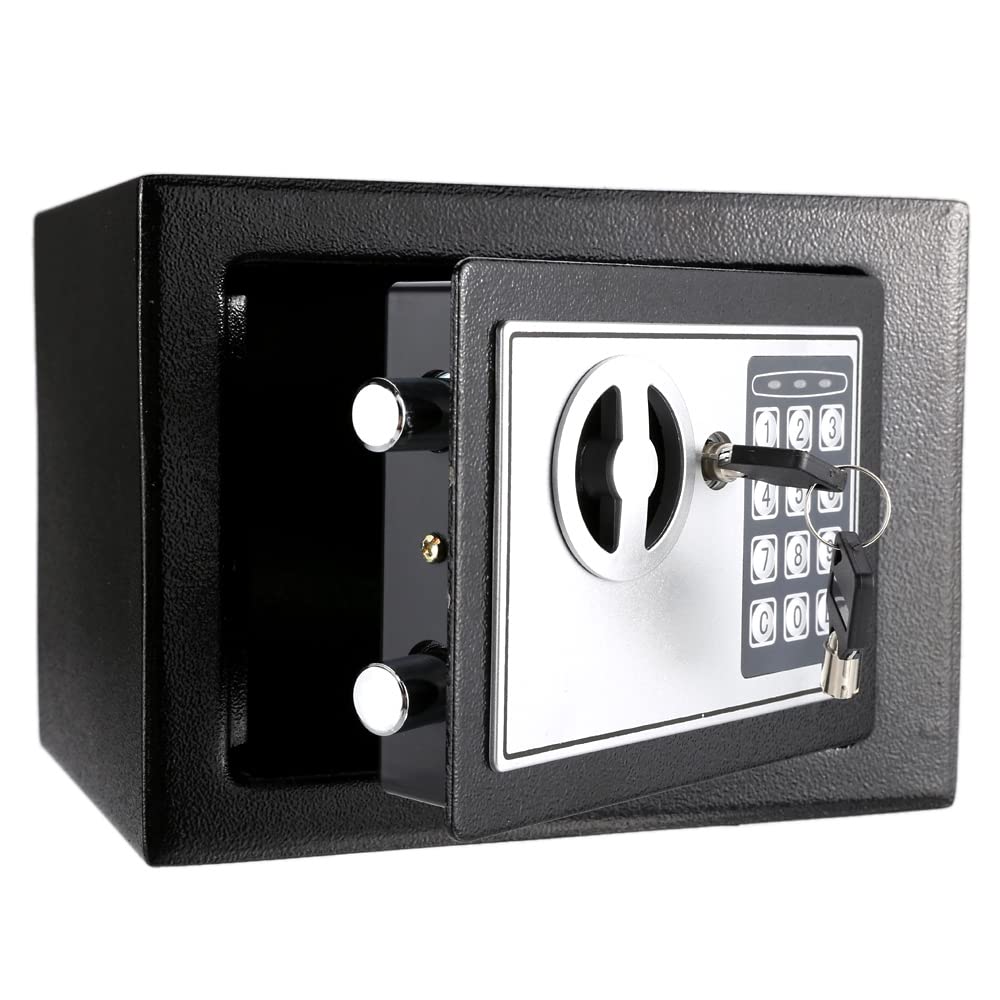 Feiniao Caja Fuerte Pequeña, Cajas Fuertes para Casa Oficina 23x17x17cm, Caja de Seguridad Digital con Teclado Contraseña y Llave, Caja Fuerte de Seguridad Alcancía Electrónica para Adultos de Acero