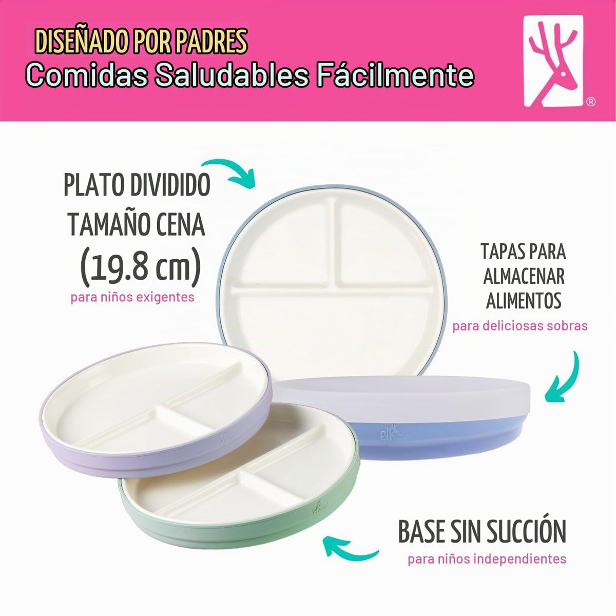 Elk and Friends - Platos blancos divididos de porcelana de 20 cm, con fundas de silicona, para bebés y niños, aptos para microondas y lavavajillas, antideslizantes, para aperitivos