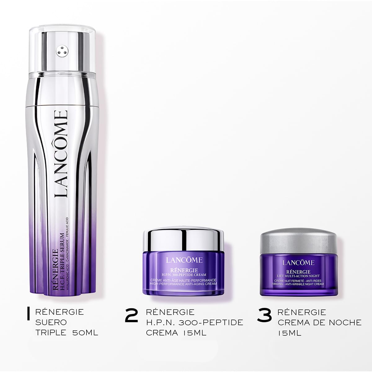 Lancôme, Rénergie, Set de Regalo, Suero Triple Serum Rénergie 50 ml + Crema de Rostro Rénergie H.P.N. 300-Peptide 15 ml + Crema de Noche Rénergie Multi -Lift 15 ml, Corrige Imperfecciones con una Fórmula Antienvejecimiento, 3 Piezas