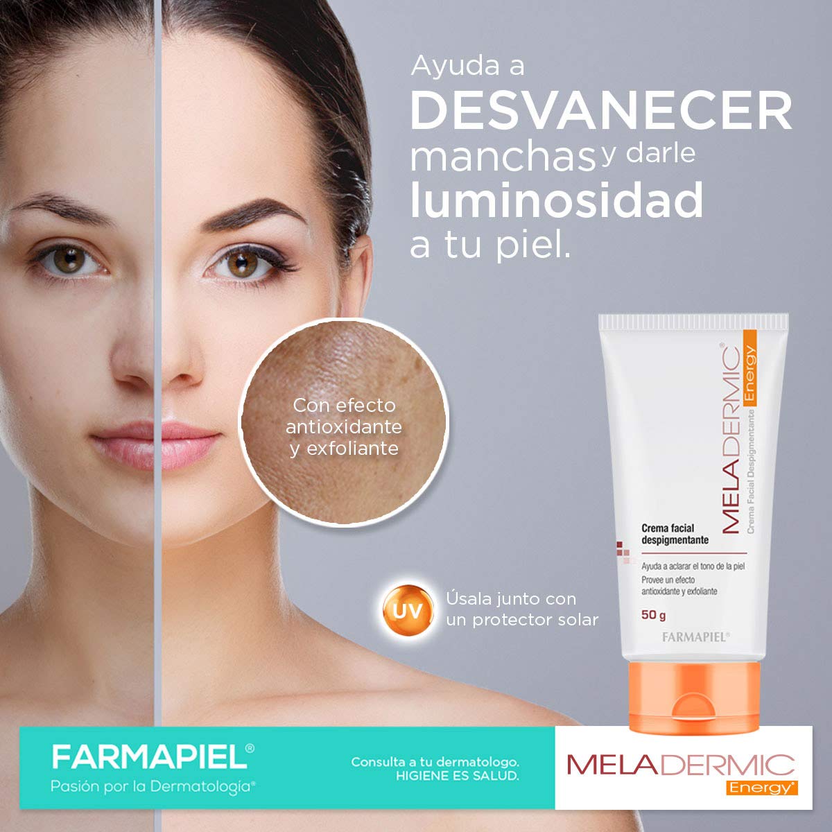MELADERMIC Energy Crema Facial Despigmentante con Vitamina C | Unifica el Tono de la Piel y Previene Manchas y Pecas | Hidratación Profunda | Crema Antimanchas de Día y Noche | 50 gr