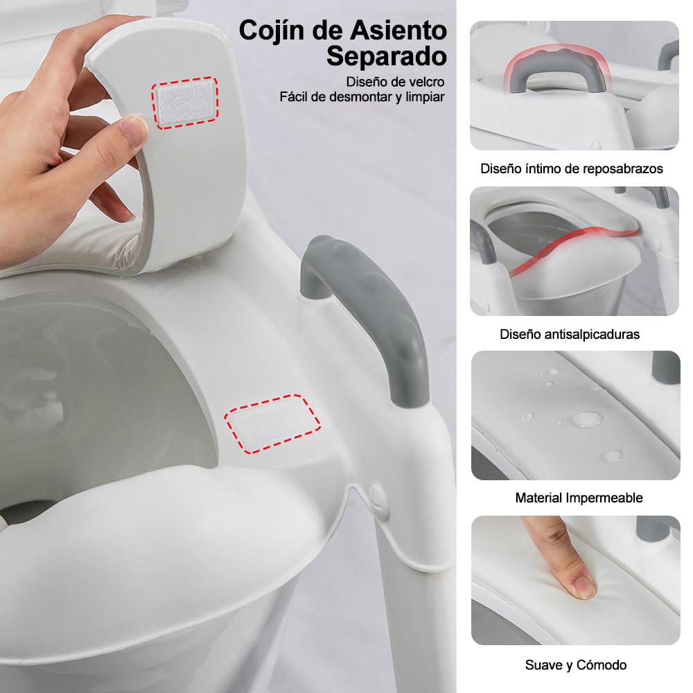 SLNXA Baño Entrenador Niño Asiento de Entrenamiento para Baño para Niños Asiento Entrenador para Inodoro con Escalera Plegable Antideslizante con Acolchonado y Agarres, Edad de 2 a 7 Años (Gris)