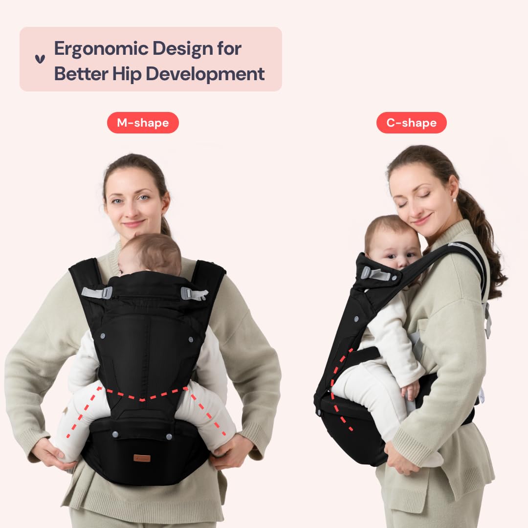 BabbleRoo - Portabebés 6 en 1 con asiento de cadera, ergonómico, acogedor y ajustable, 7-50 libras con soporte para cadera y lumbar, capucha para protección solar, portabebés recién nacido a niño