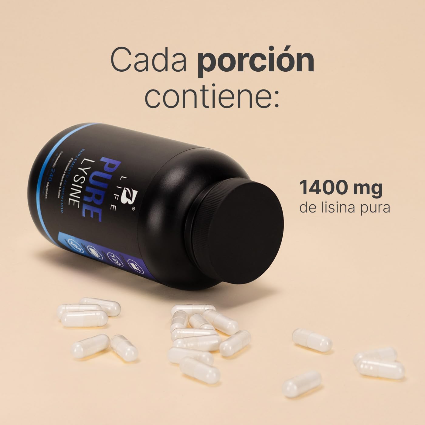 Lisina Pura de 240 cápsulas 1400 mg por porción. Aminoácido esencial. Ingredientes 100% Naturales. Pure Lysine B Life.