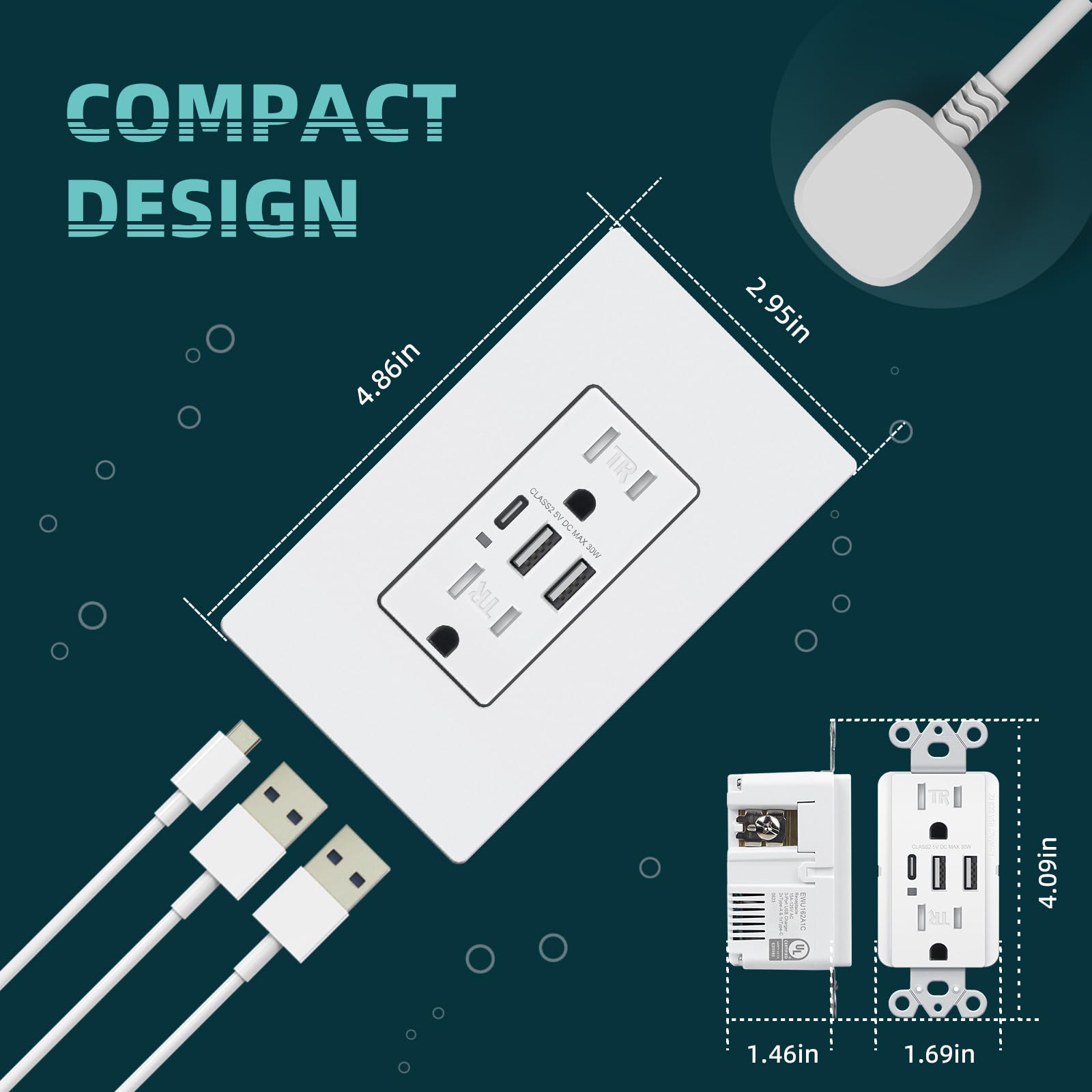 TOPELER - Tomacorrientes USB de pared, receptáculos de salida USB C de 3 puertos, de 30 W 6.0 A, 15 A, resistente a manipulaciones puertos USB C, certificación UL y FCC, placa sin tornillos, blanca