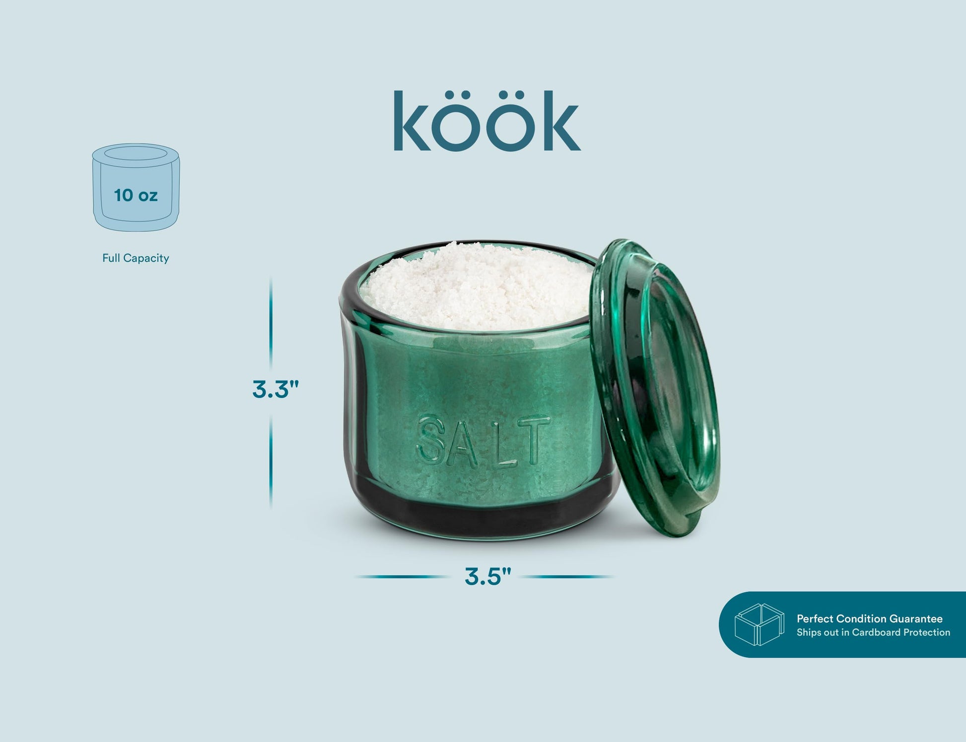 KooK Salero de vidrio con tapa, vidrio prensado en relieve, recipiente de almacenamiento transparente, para café, azúcar, especias y dulces, 296 ml (color verde esmeralda)