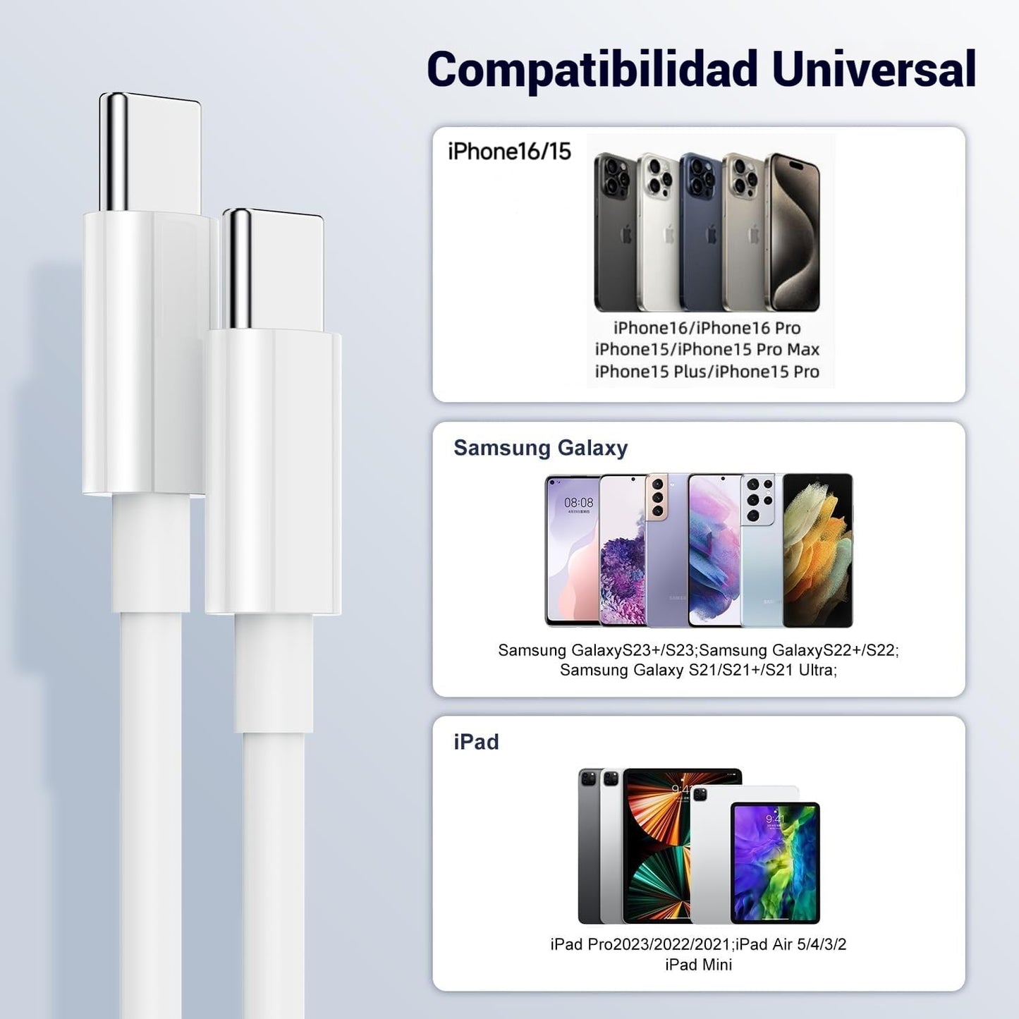 Cable USB C para Carga Rápida 2M: Para iPhone 16 15 Serie, 60W Tipo C a USB-C, Adaptador 20V 3A, Compatible con Samsung Galaxy, MacBook Pro, iPad Pro, Google Pixel
