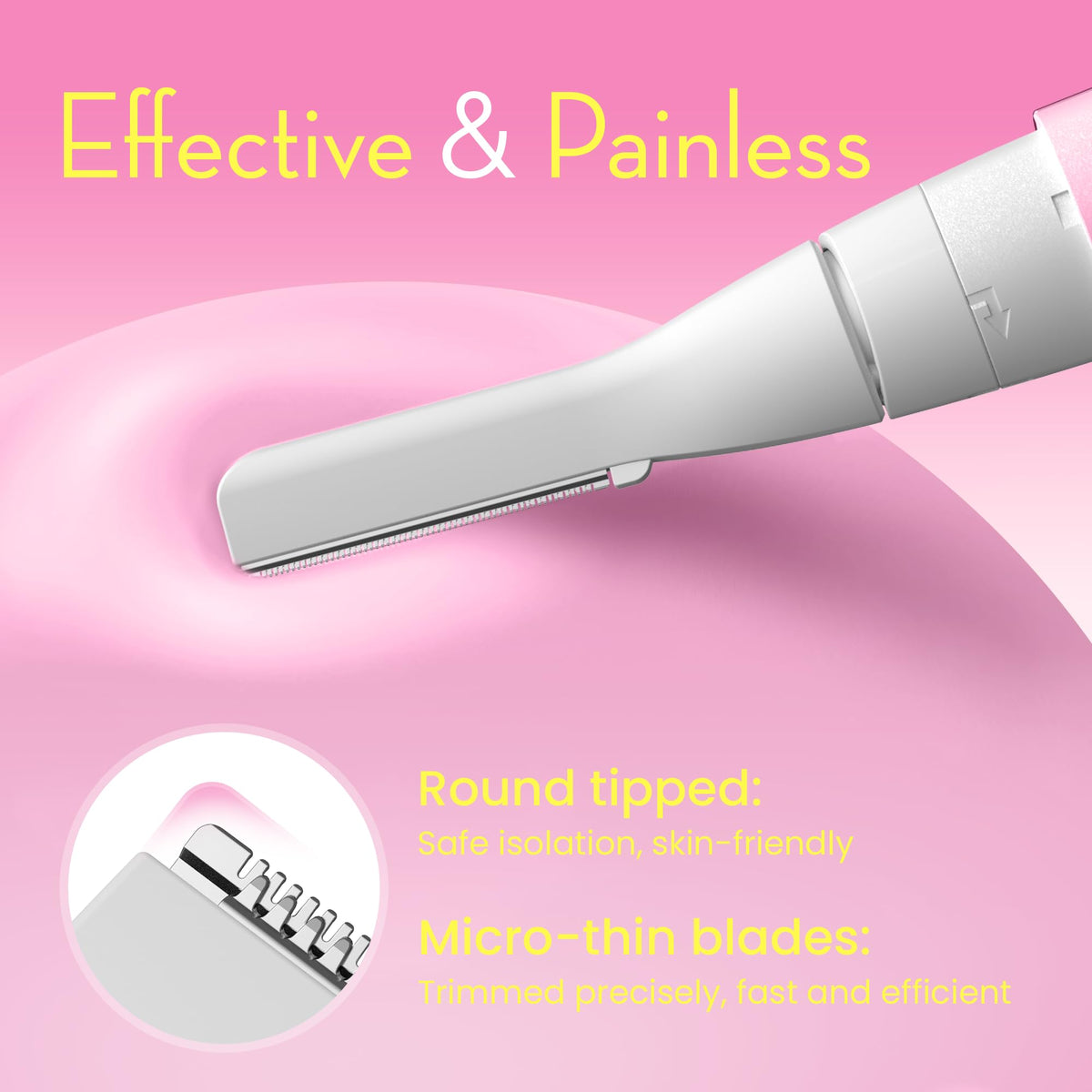 OLOV - Depilación facial delgada para mujer, cortadora de cejas sin dolor con cabeza pivotante, removedor de vello corporal eléctrico que funciona con pilas, con 2 cuchillas reemplazables para la cara