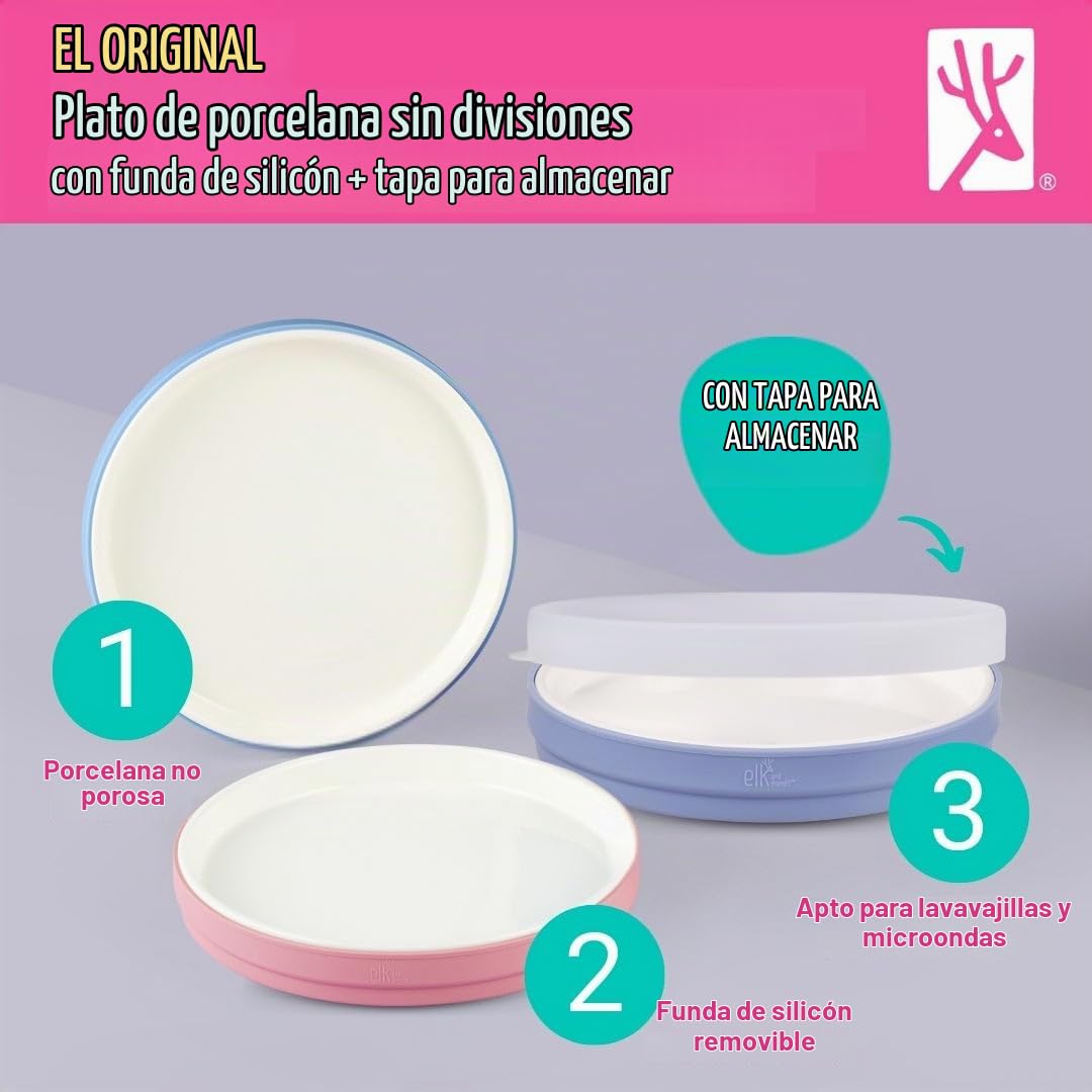 Elk and Friends Placas de porcelana para niños/niños pequeños de 19.8 cm + fundas + tapa | Pack de 4