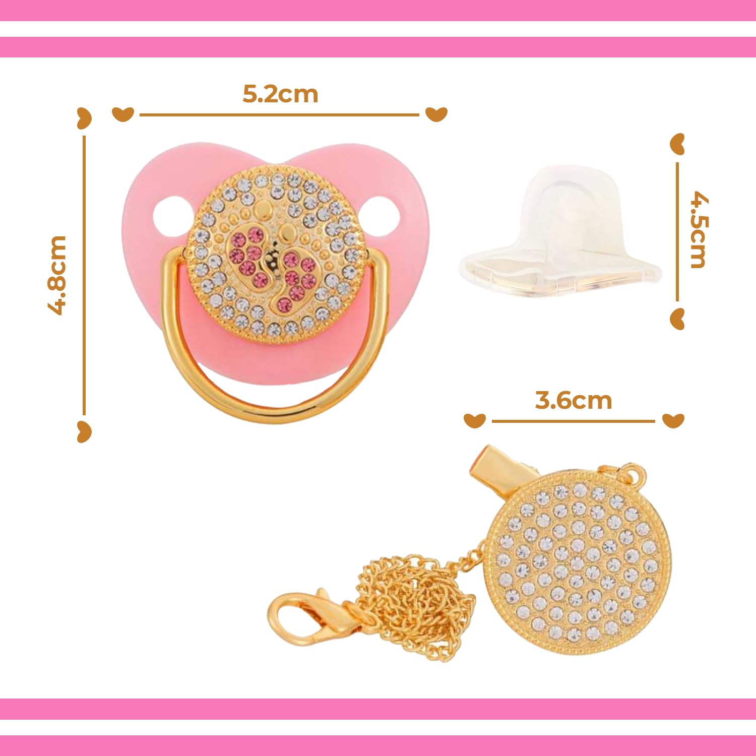 Chupón Sweet Baby Rosa Oro Diamantes Diseño VIP con Sujetador Mordedera Ergonómica Sin BPA para Bebé 0 a 18 Meses