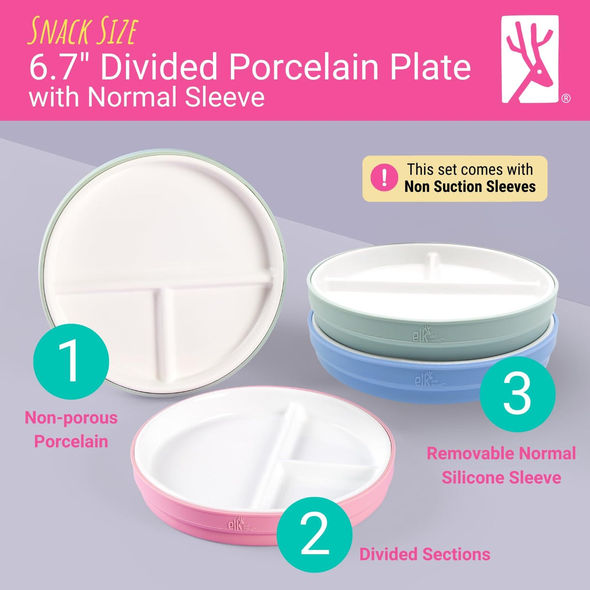 Elk and Friends Kids - Platos divididos de porcelana de 6.7 pulgadas con mangas de silicona, adecuados para bebés/niños/niños pequeños, aptos para microondas y lavaplatos, antideslizantes, platos de
