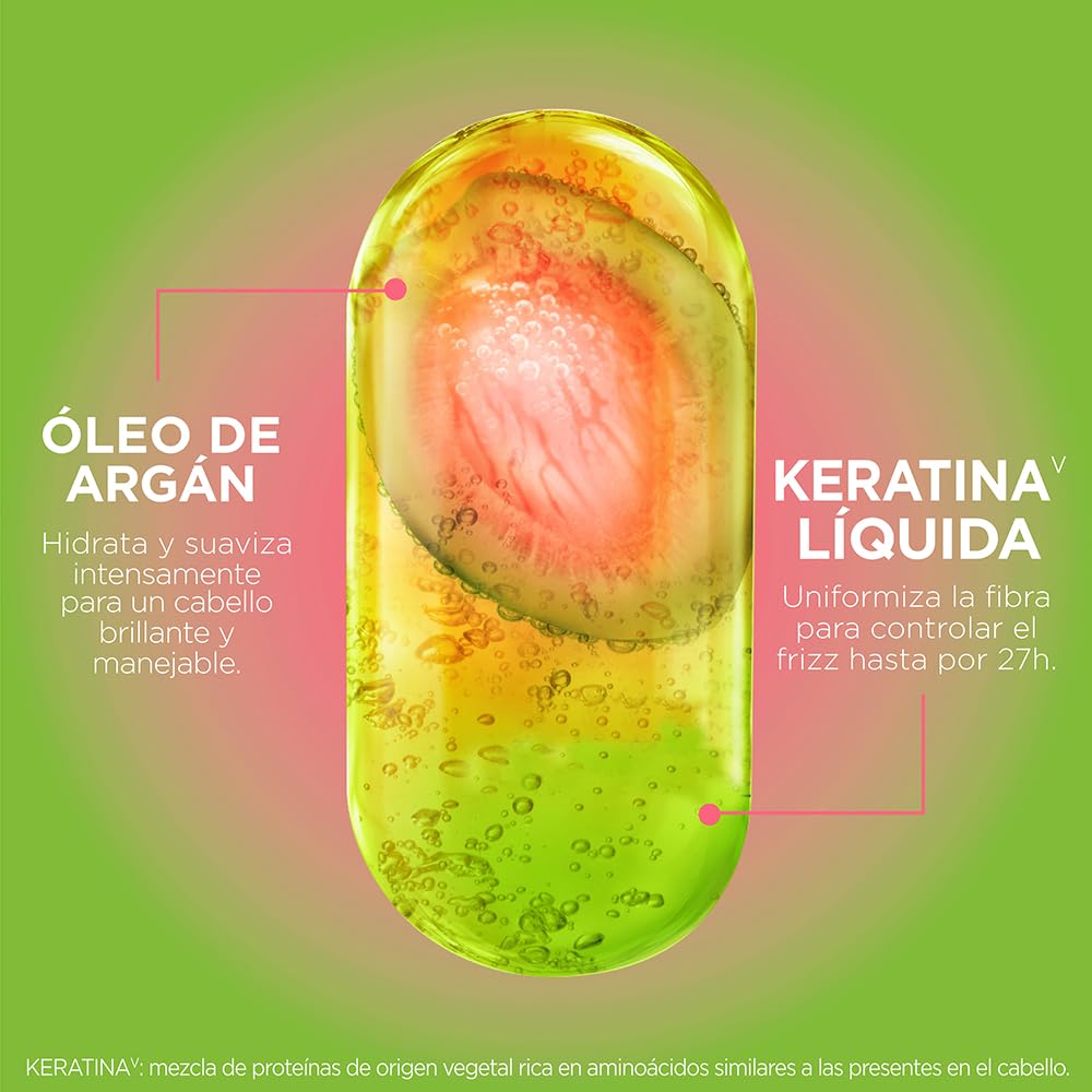 Garnier Fructis Adiós Esponjado Tratamiento Keratin Glow Water Antifrizz, 180ml 10X mas Suave, Brillo Efecto Espejo con Oleo de Argán y Keratina Liquida