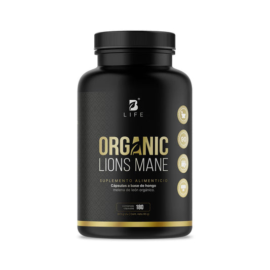 Hongo Melena de León | 100% Orgánico 1000 mg por porción. Adaptógeno Natural. 180 Cápsulas. Organic Lions Mane B Life.
