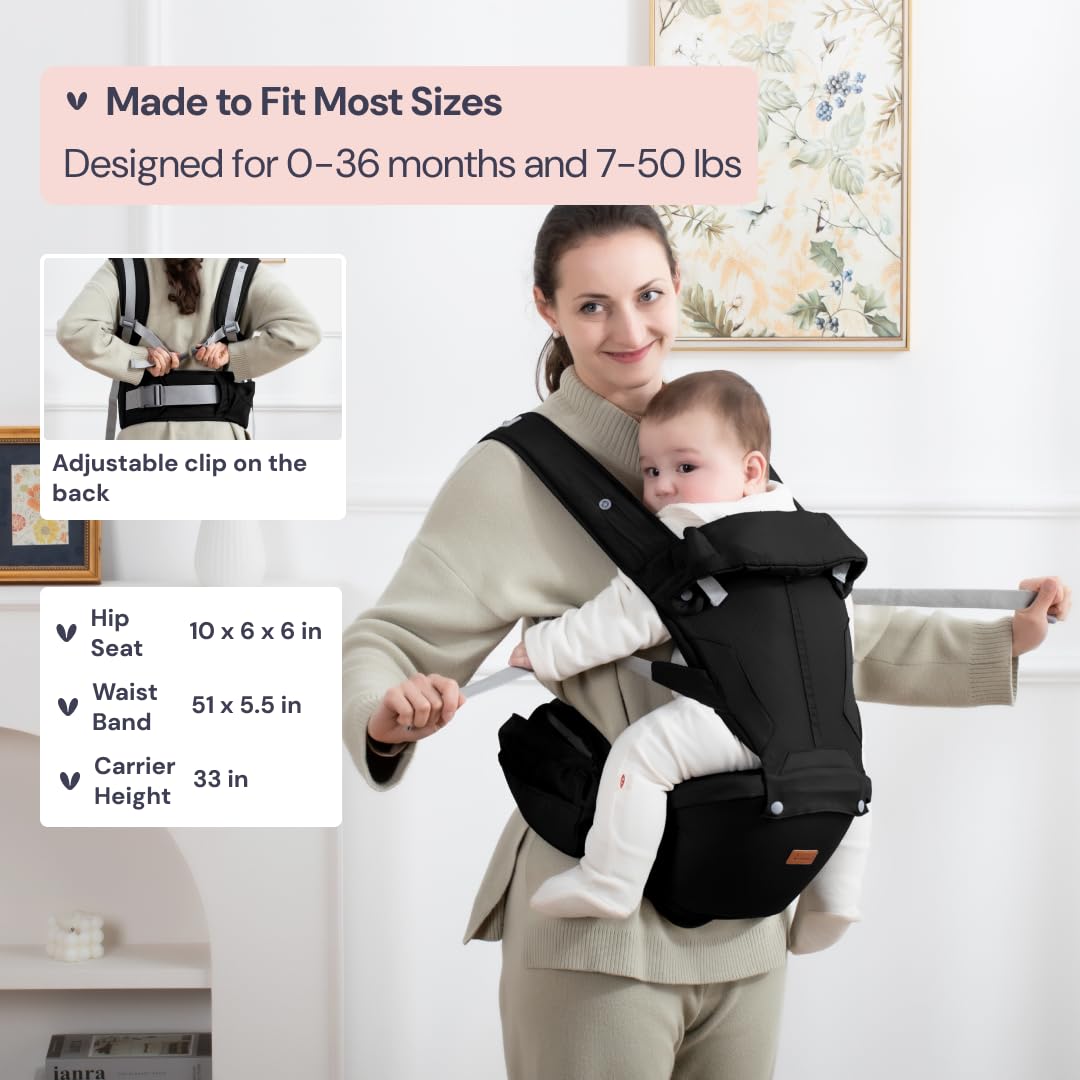 BabbleRoo - Portabebés 6 en 1 con asiento de cadera, ergonómico, acogedor y ajustable, 7-50 libras con soporte para cadera y lumbar, capucha para protección solar, portabebés recién nacido a niño