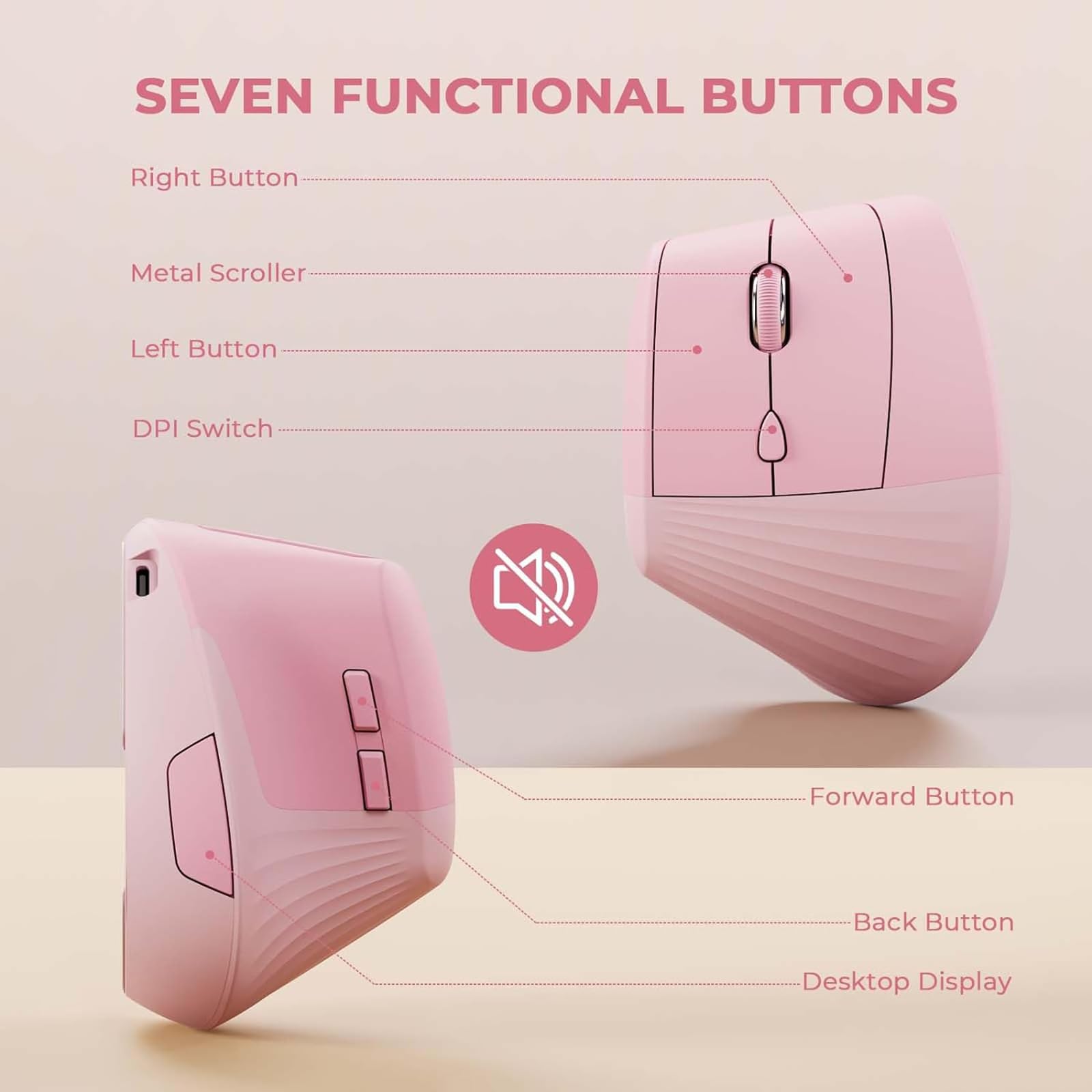 Mouse Vertical zienstar Rosa Ergonómico Inalámbrico Recargable Modo Dual Clic Silencioso