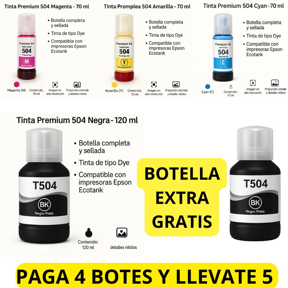 LizzVicc Pack de Tinta Genérica para Epson 504, T504– Compatible con EcoTank L4150, L4160, L6171, L6191, L6270, L14150 – 2 Botellas Negras (127 ml c/u) + 1 Cian, 1 Magenta y 1 Amarillo (70 ml c/u)
