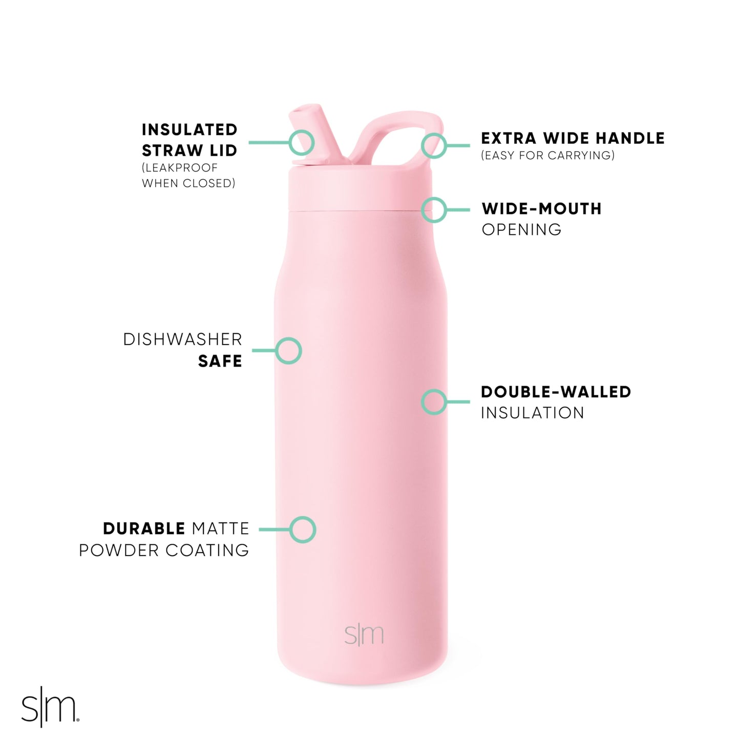 Botella de Agua Simple Modern Blush con Tapa de Popote y Termo Aislado de Acero Inoxidable 1L
