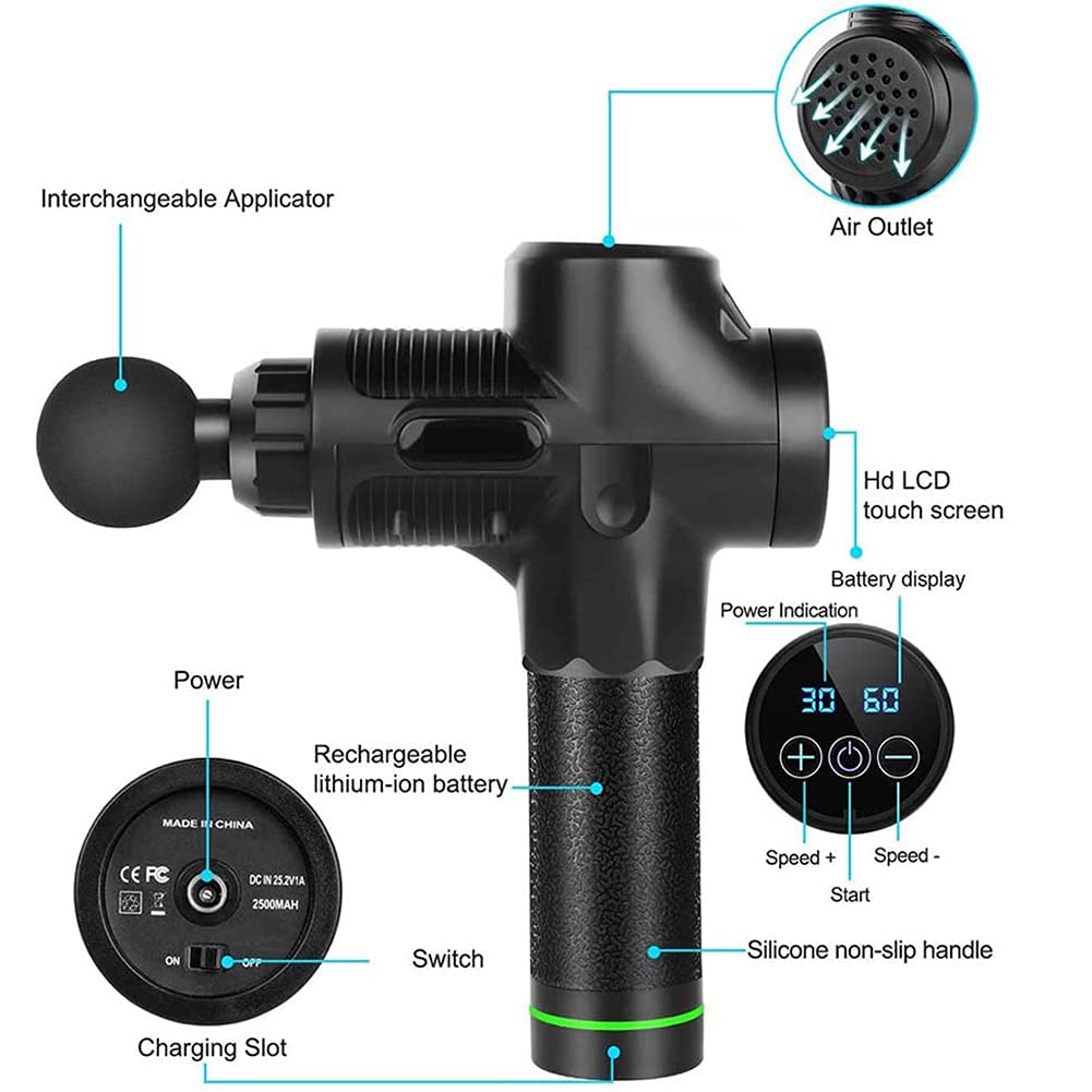 Pistola de masaje muscular, masajeador eléctrico de mano, masajeador muscular de tejido profundo con 10 cabezales de masaje y 30 velocidades ajustables para músculos, hombros, cuello, espalda, piernas y pantorrillas