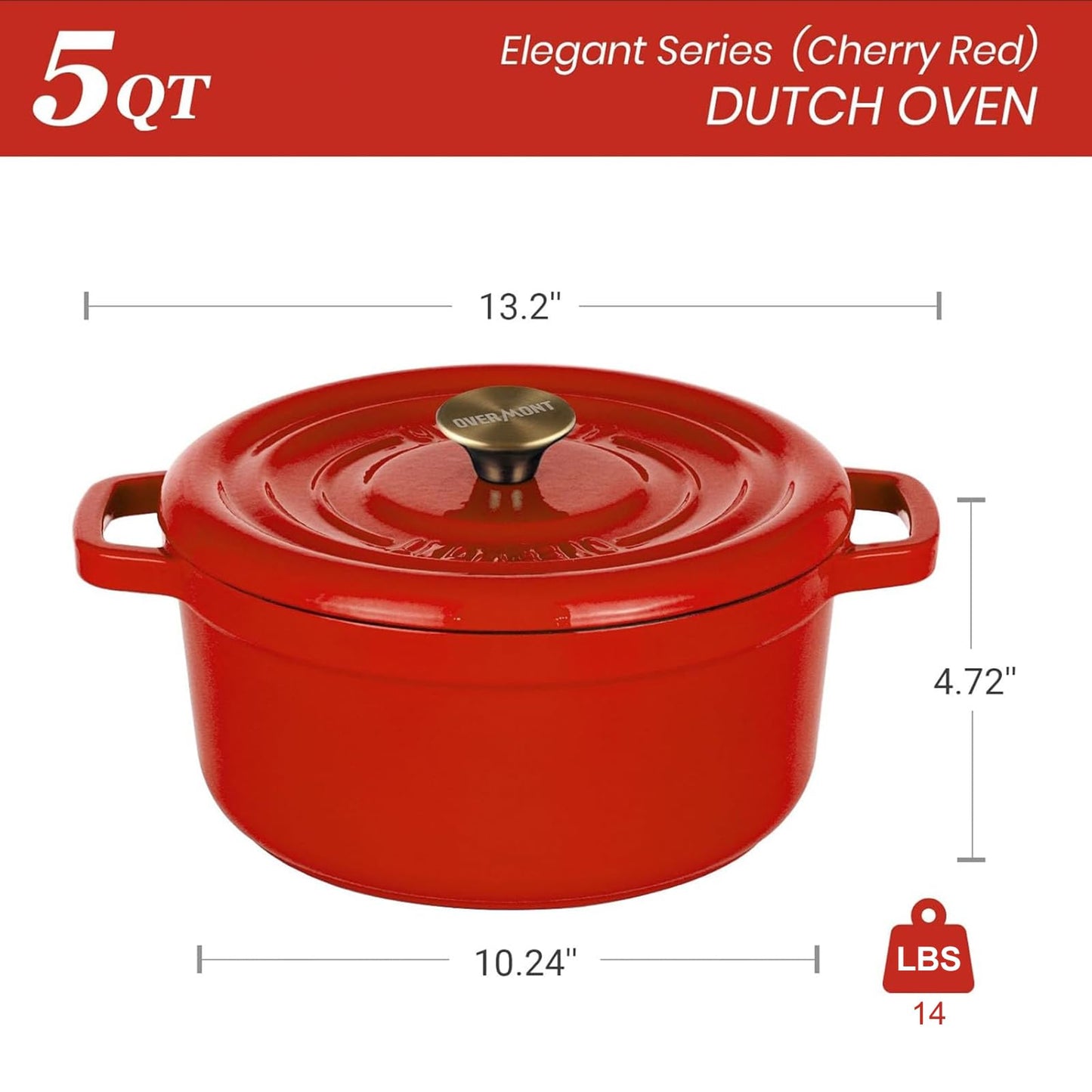 Overmont Cacerola de hierro fundido esmaltado, 26 cm, apta para horno, con tapa y libro de cocina, para asar, cocina, hornear, estofar, color rojo