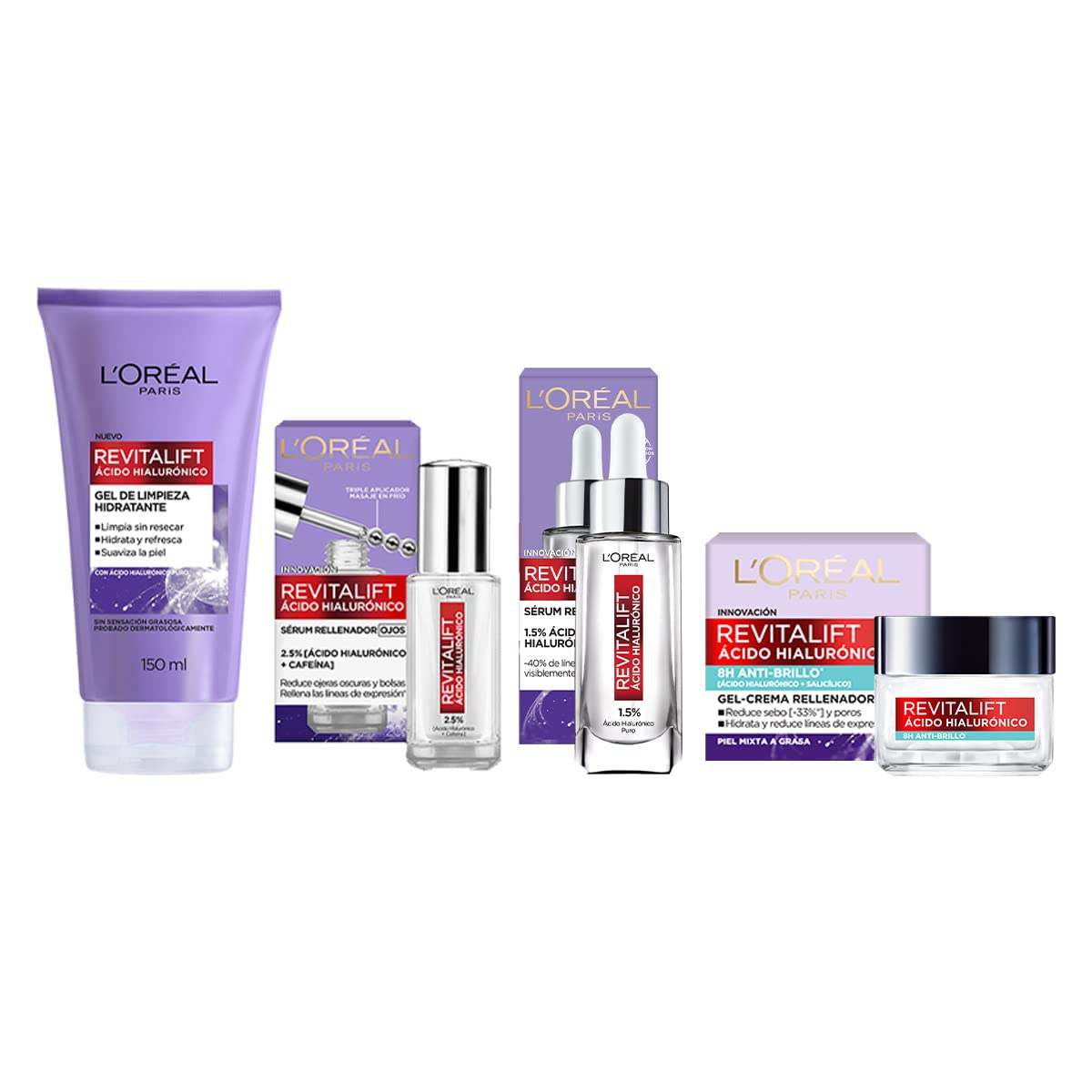L'Oréal Paris Kit de Ácido Hialurónico con Sérum rostro Sérum ojos Crema en gel y Gel de limpieza