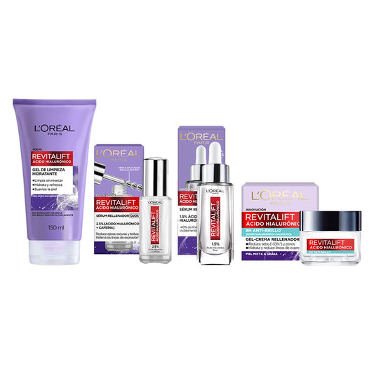 L'Oréal Paris Kit de Ácido Hialurónico con Sérum rostro Sérum ojos Crema en gel y Gel de limpieza