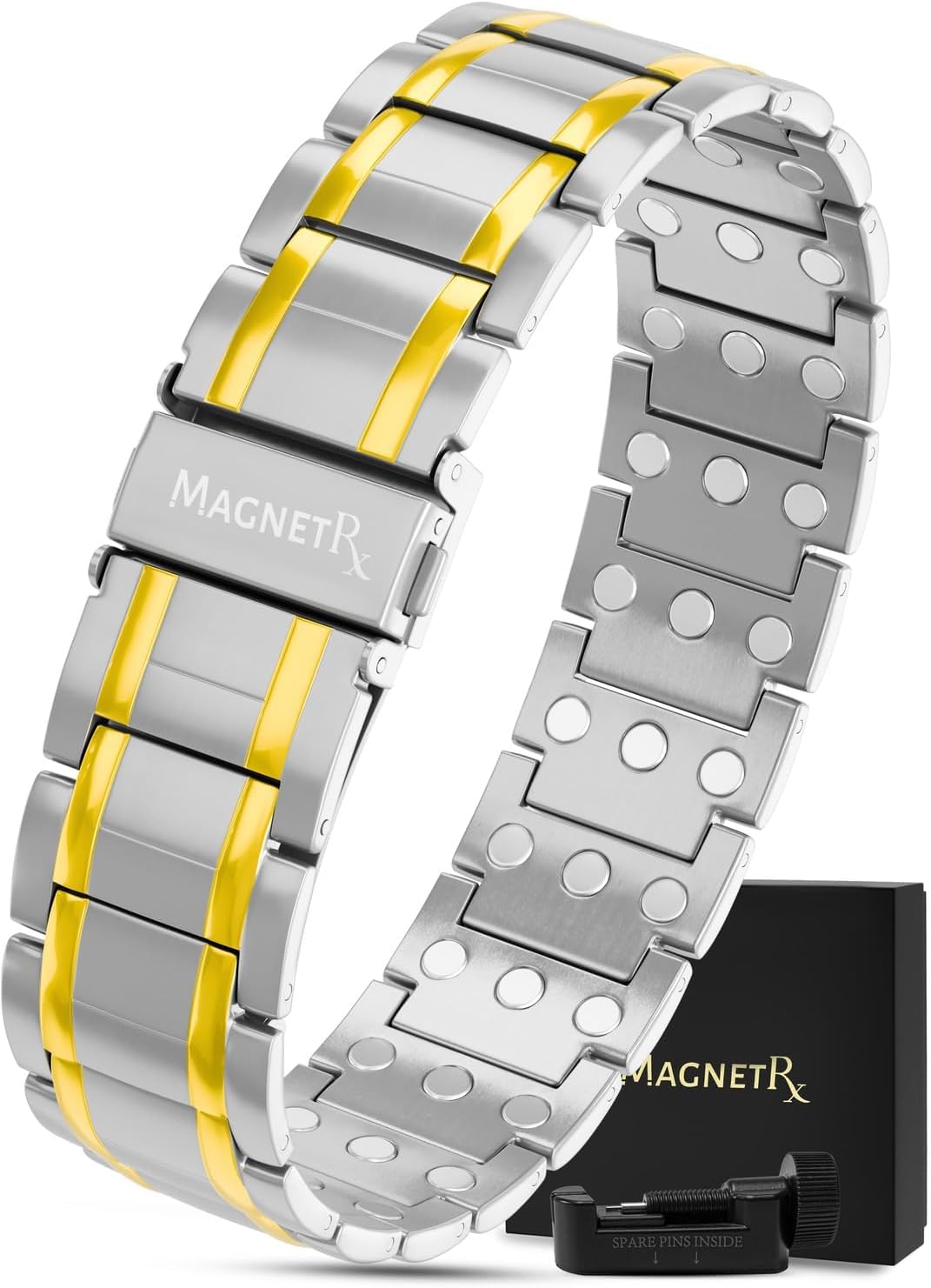 MagnetRX® Titanium Magnetic Bracelet – Magnetic Bracelets for Men – Premium Fold-Over Clasp & Adjustable Length with Sizing Tool (Silver & Gold)