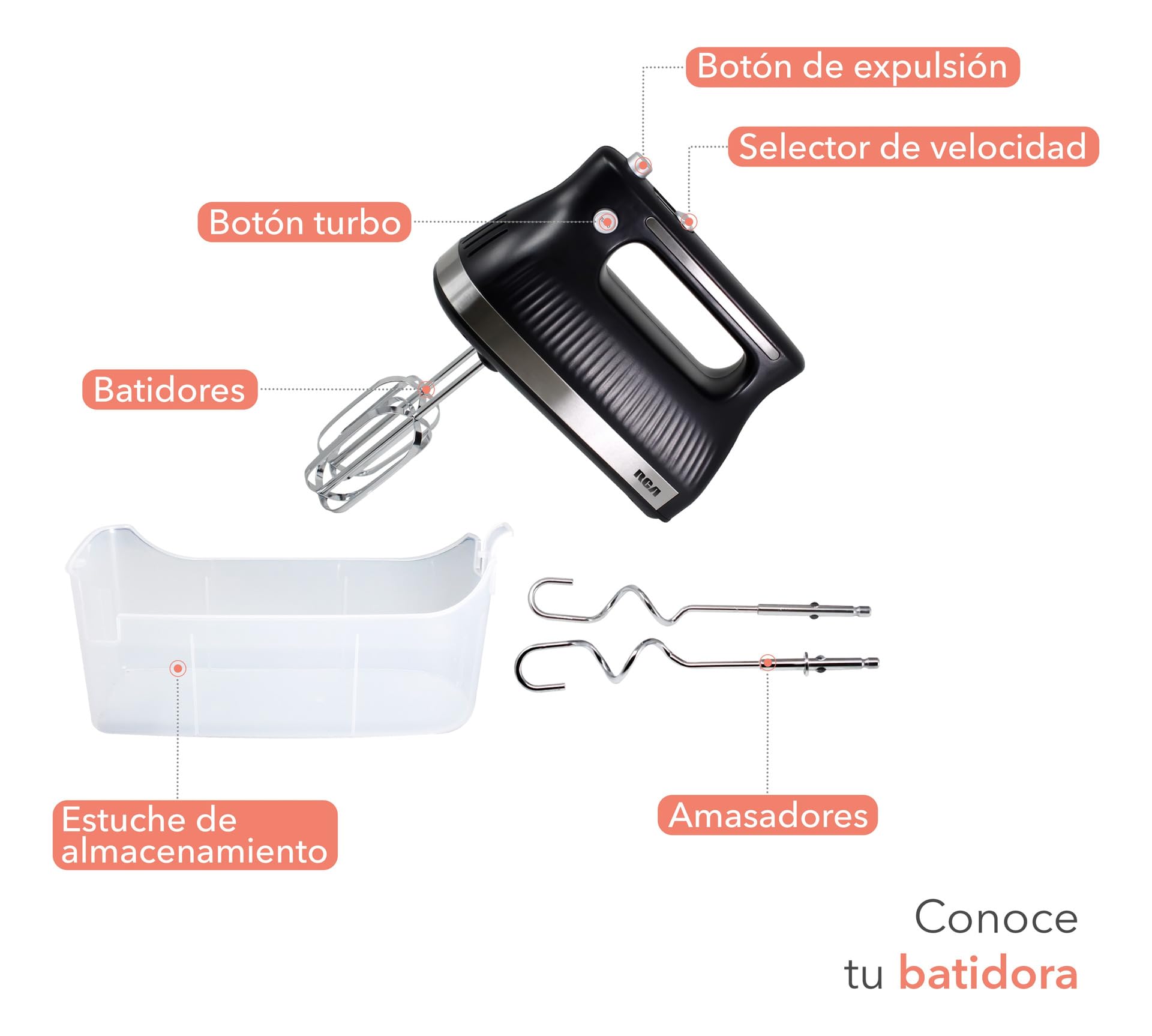 Batidora de Mano RCA Blanca con Motor Potente y Velocidades Ajustables para Repostería y Cocina