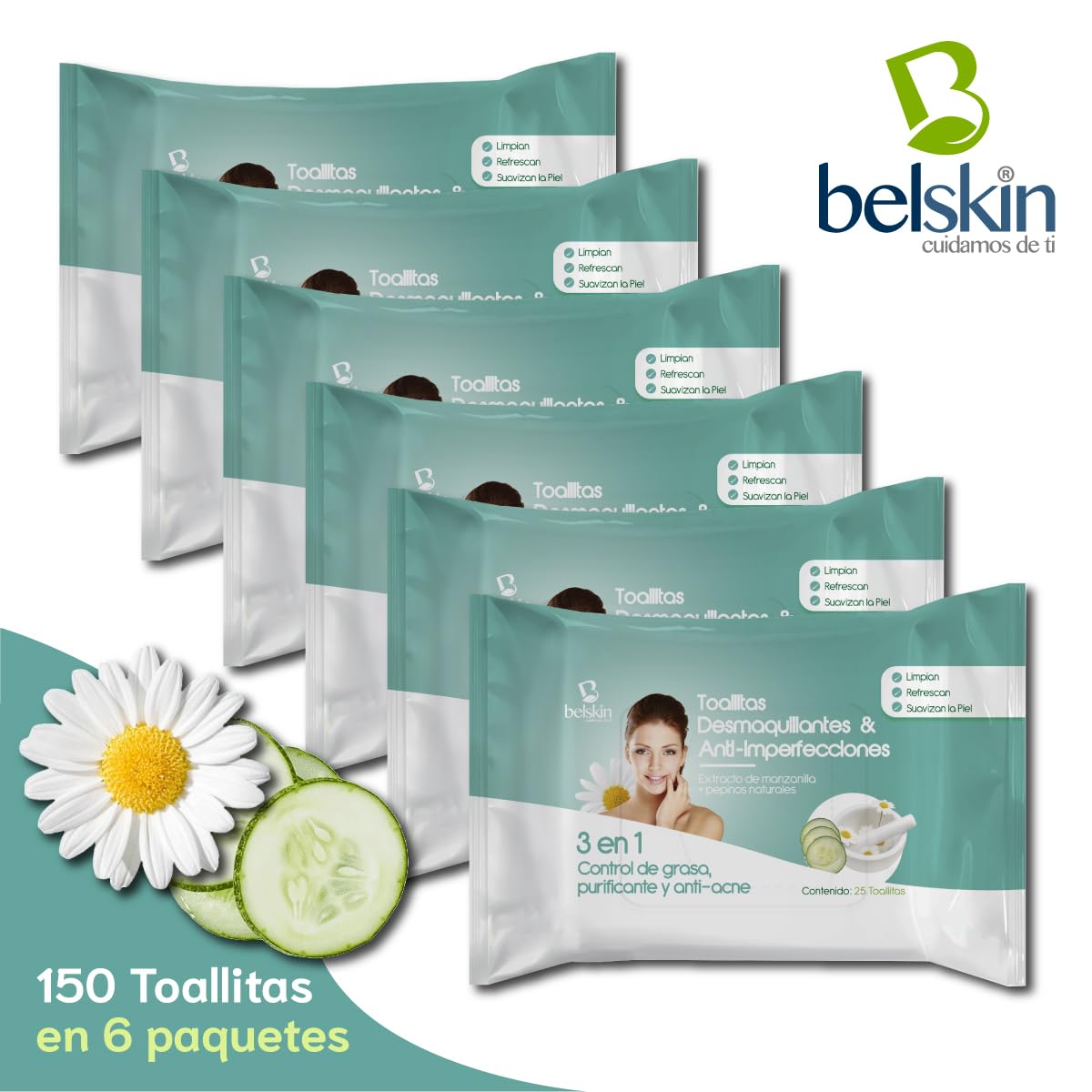 Belskin - Toallitas Desmaquillantes Húmedas - Desmaquillante de Ojos - Toallas Húmedas Faciales - Removedor de Maquillaje - 6 Paquetes con 25 Unidades Cada Uno