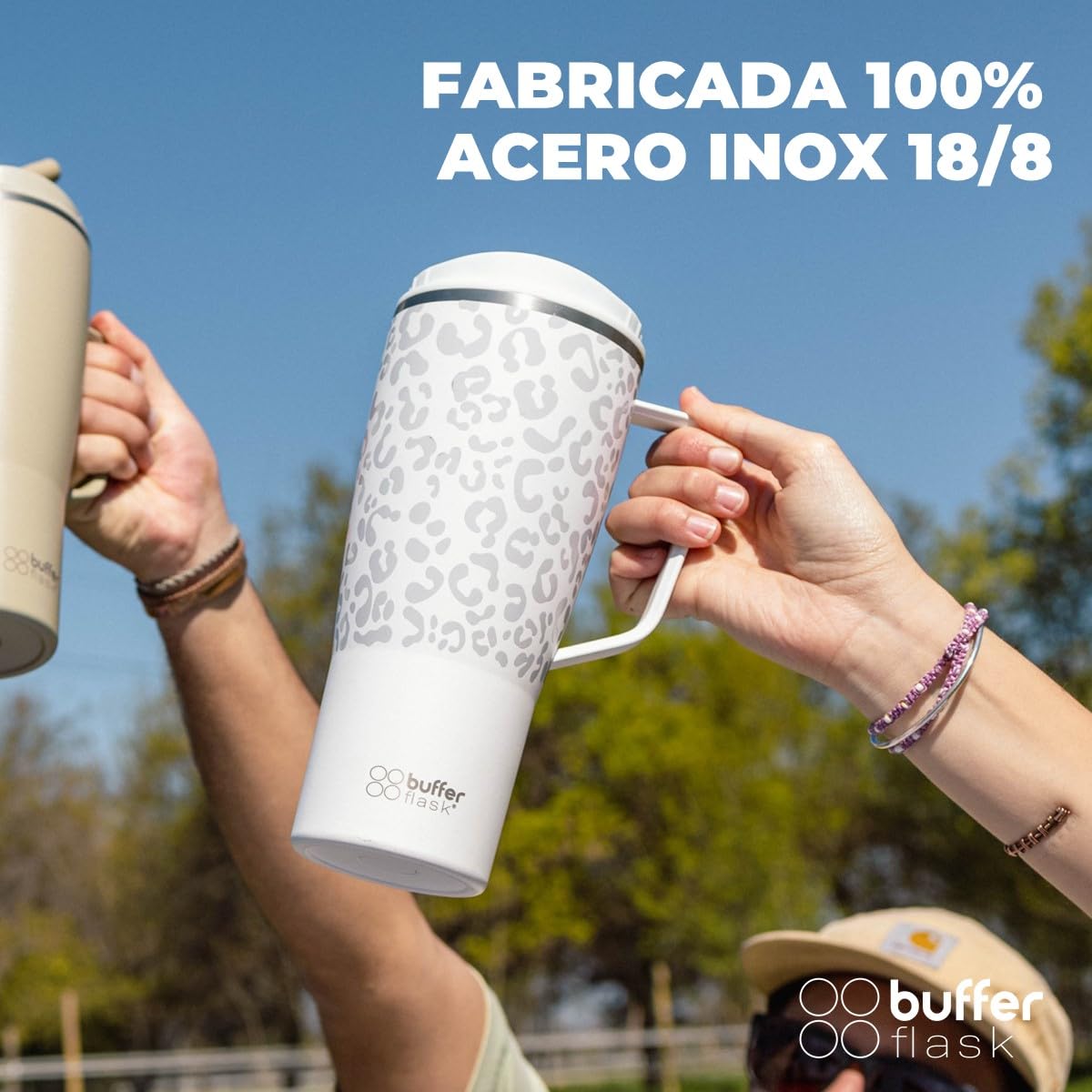 Buffer Flask - Vaso Térmico 1000 ml - Termo para Café y Agua de Acero Inoxidable - Tapa Anti Derrame y Fugas - Taza Tumbler Mug para Bebidas Frías y Calientes - Incluye Popote - Color Leopardo Blanco