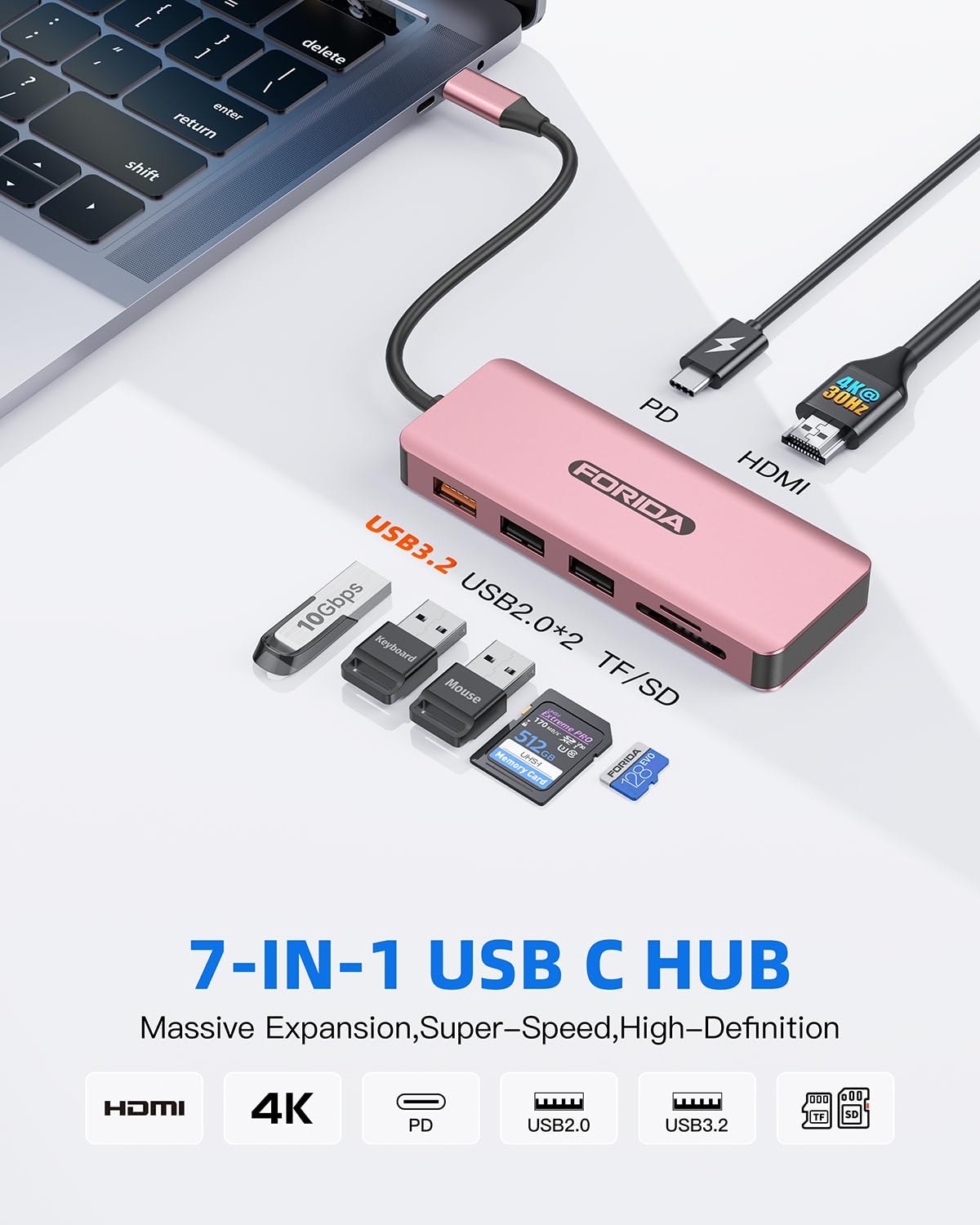 FORIDA Hub USB C, adaptador multipuerto USB C 7 en 1 para MacBook Pro/Air, USB C a HDMI Dongle con 4K HDMI, 1 USB 3.2 hasta 10Gbps, 2 USB 2.0, 100W PD, SD/TF para portátil y iPhone 15/15Pro